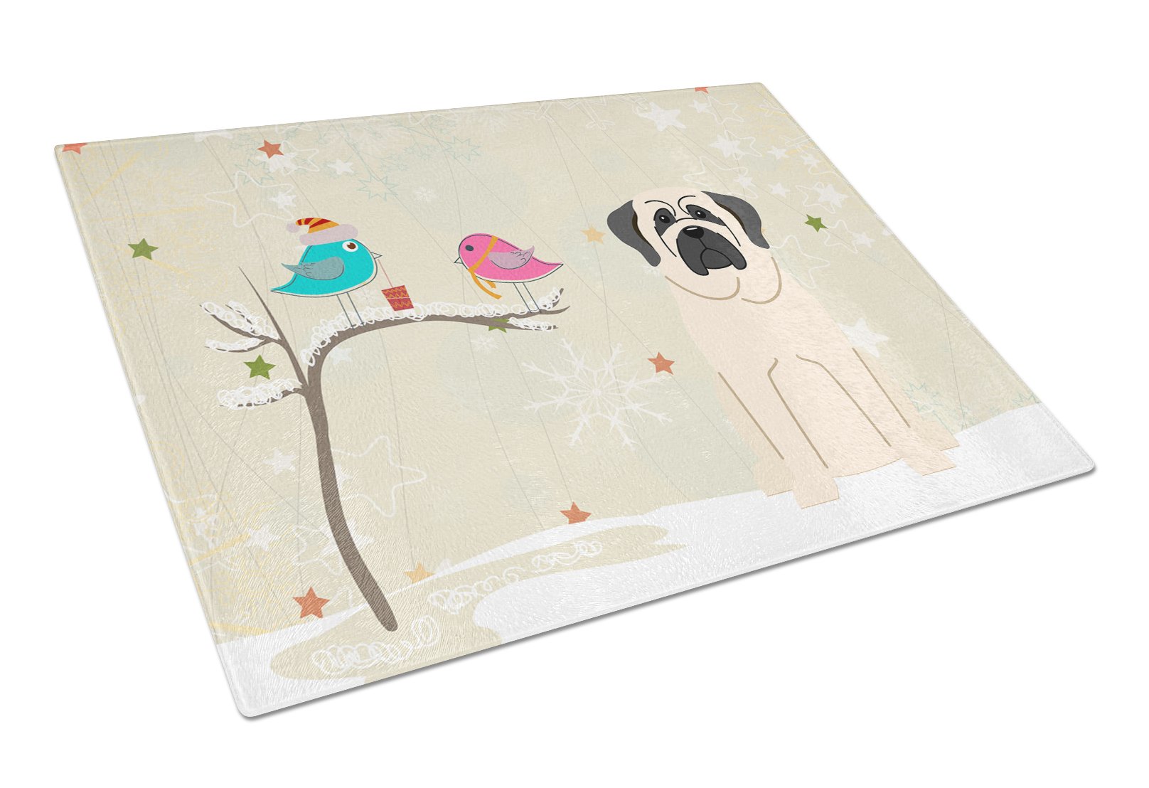 Christmas Presents between Friends Mastiff - White Cutting Board Tempered Glass Kitchen Cutting Surface, Heat Resistant Chopping, Non-Slip Feet, Food Prep & Serving