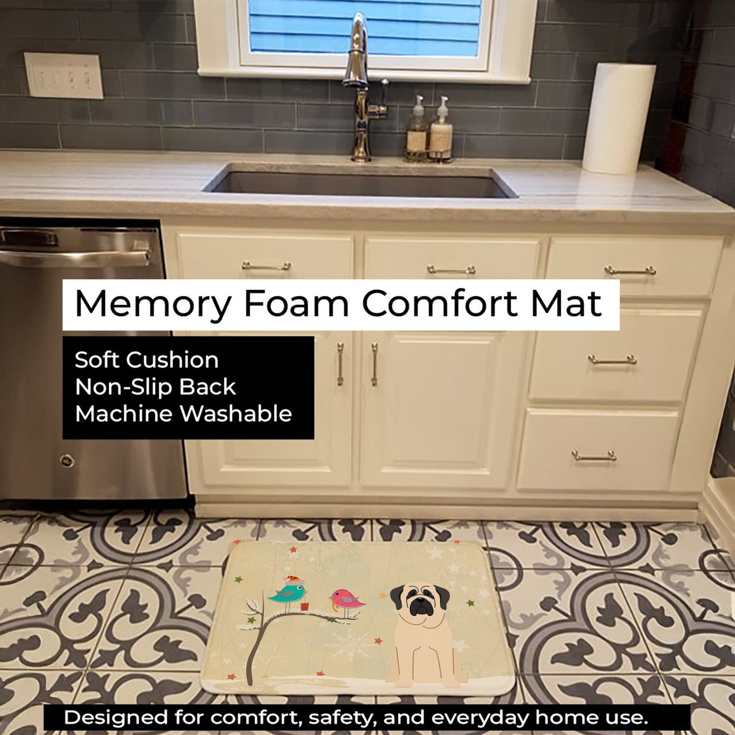 Christmas Presents between Friends Mastiff - White Memory Foam Kitchen Mat Machine Washable Anti-Fatigue Cushion Comfort Bath or Kitchen Rug