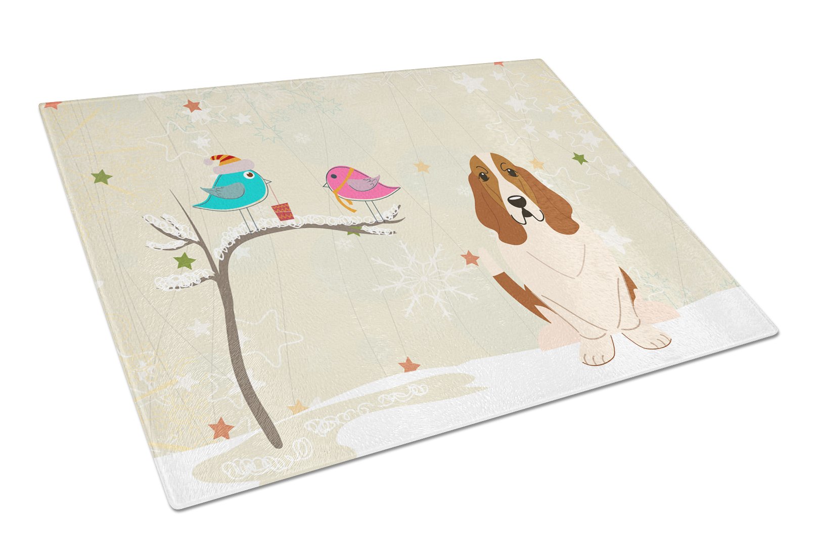 Christmas Presents between Friends Basset Hound Cutting Board Tempered Glass Kitchen Cutting Surface, Heat Resistant Chopping, Non-Slip Feet, Food Prep & Serving