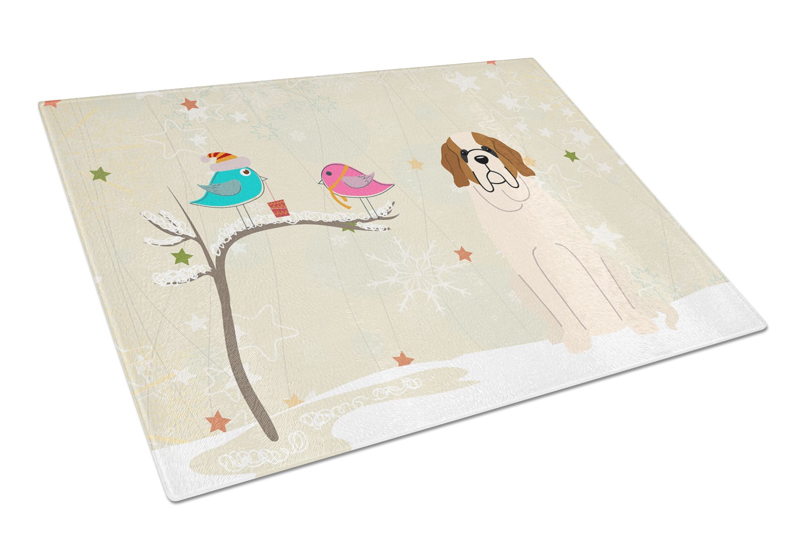 Christmas Presents between Friends Saint Bernard Cutting Board Tempered Glass Kitchen Cutting Surface, Heat Resistant Chopping, Non-Slip Feet, Food Prep & Serving