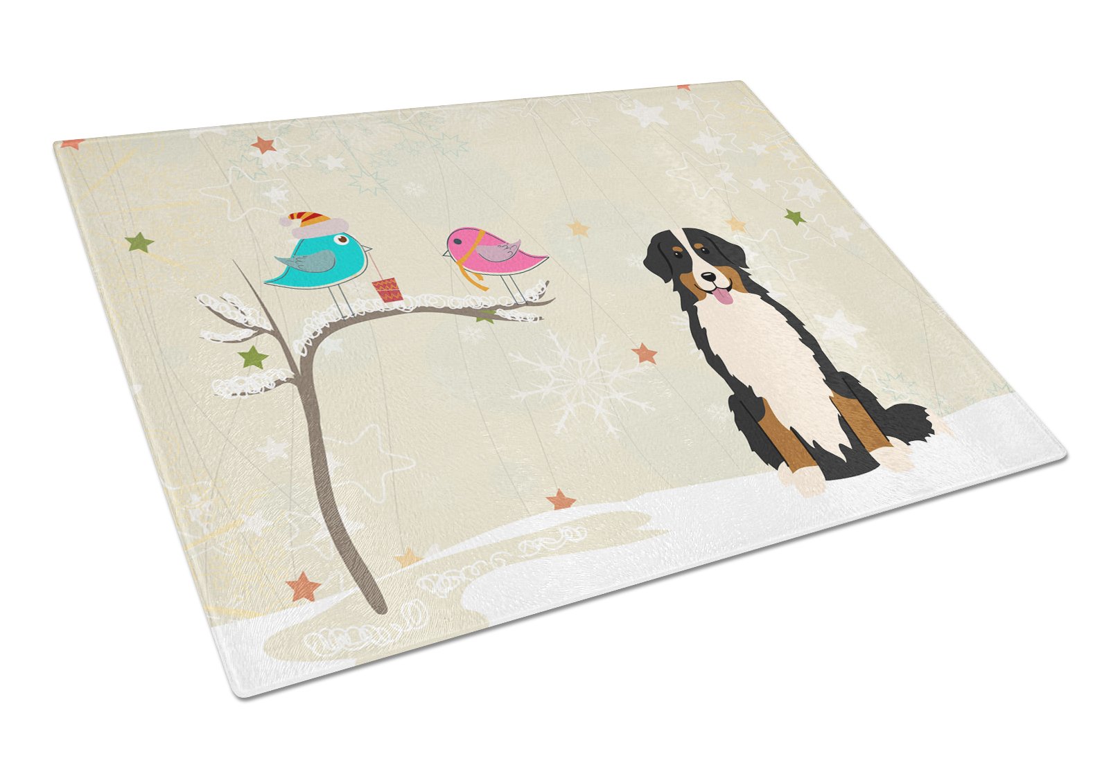 Christmas Presents between Friends Bernese Mountain Dog Cutting Board Tempered Glass Kitchen Cutting Surface, Heat Resistant Chopping, Non-Slip Feet, Food Prep & Serving