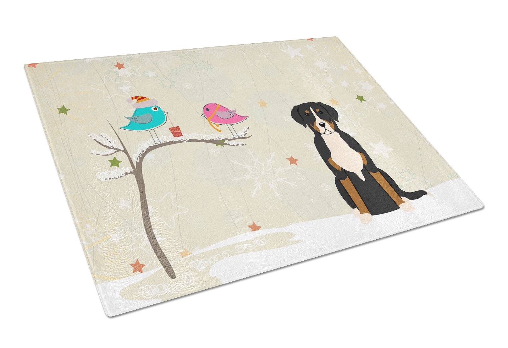 Christmas Presents between Friends Greater Swiss Mountain Dog Cutting Board Tempered Glass Kitchen Cutting Surface, Heat Resistant Chopping, Non-Slip Feet, Food Prep & Serving