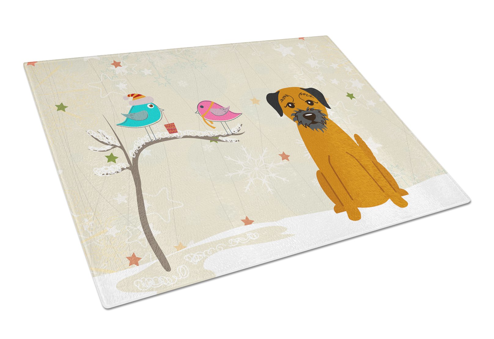 Christmas Presents between Friends Border Terrier Cutting Board Tempered Glass Kitchen Cutting Surface, Heat Resistant Chopping, Non-Slip Feet, Food Prep & Serving
