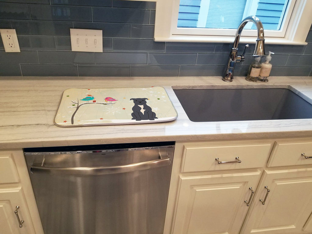 Christmas Presents between Friends Bull Terrier - Blue Dish Drying Mat Absorbent Dish Drying Mat Pad for Kitchen Counter Dish Drainer Mat for Countertop, 14 x 21", Multicolor