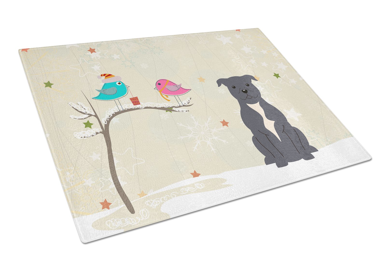 Christmas Presents between Friends Bull Terrier - Blue Cutting Board Tempered Glass Kitchen Cutting Surface, Heat Resistant Chopping, Non-Slip Feet, Food Prep & Serving