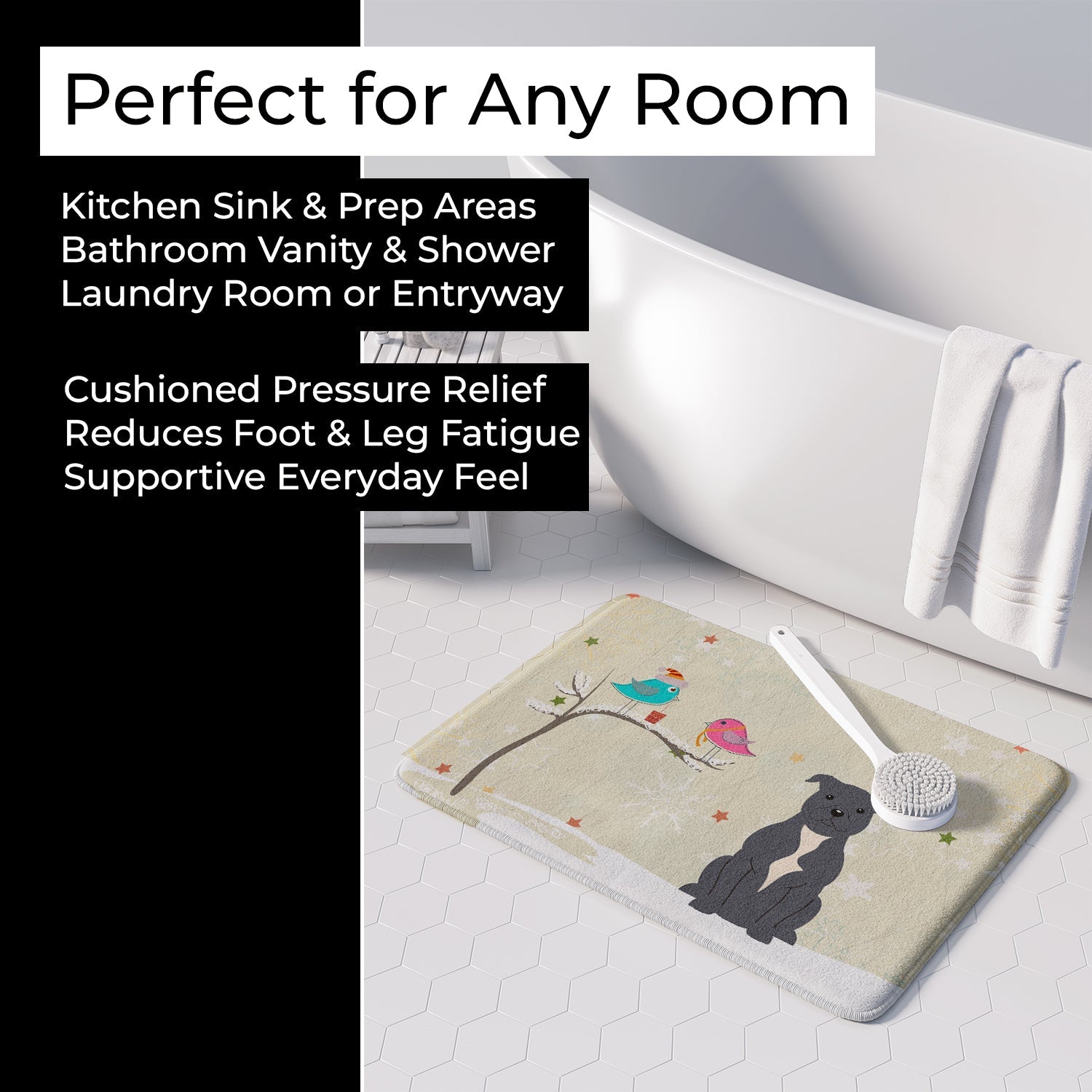 Christmas Presents between Friends Bull Terrier - Blue Memory Foam Kitchen Mat Machine Washable Anti-Fatigue Cushion Comfort Bath or Kitchen Rug