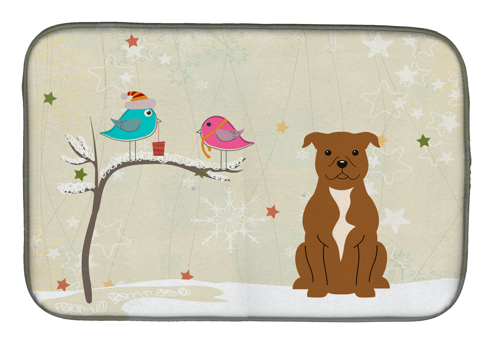 Christmas Presents between Friends Bull Terrier - Brown Dish Drying Mat Absorbent Dish Drying Mat Pad for Kitchen Counter Dish Drainer Mat for Countertop, 14 x 21", Multicolor
