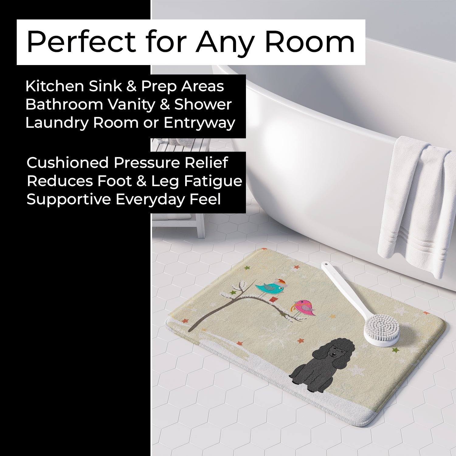 Christmas Presents between Friends Poodle - Black Memory Foam Kitchen Mat Machine Washable Anti-Fatigue Cushion Comfort Bath or Kitchen Rug