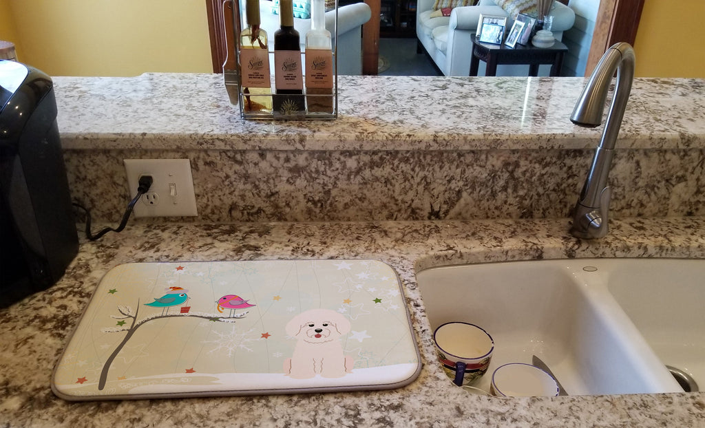Christmas Presents between Friends Bichon Frise Dish Drying Mat Absorbent Dish Drying Mat Pad for Kitchen Counter Dish Drainer Mat for Countertop, 14 x 21", Multicolor