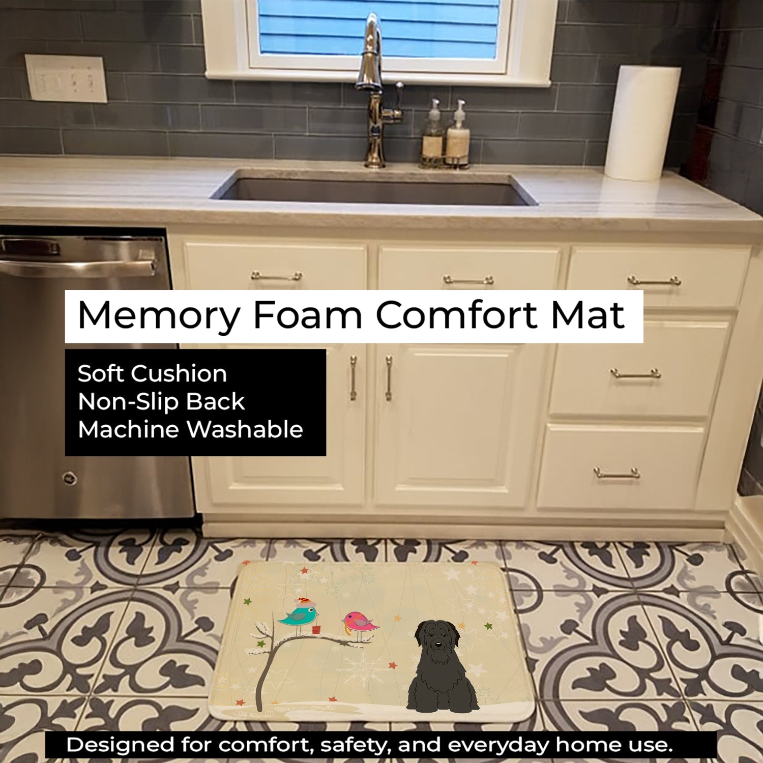 Christmas Presents between Friends Briard - Black Memory Foam Kitchen Mat Machine Washable Anti-Fatigue Cushion Comfort Bath or Kitchen Rug