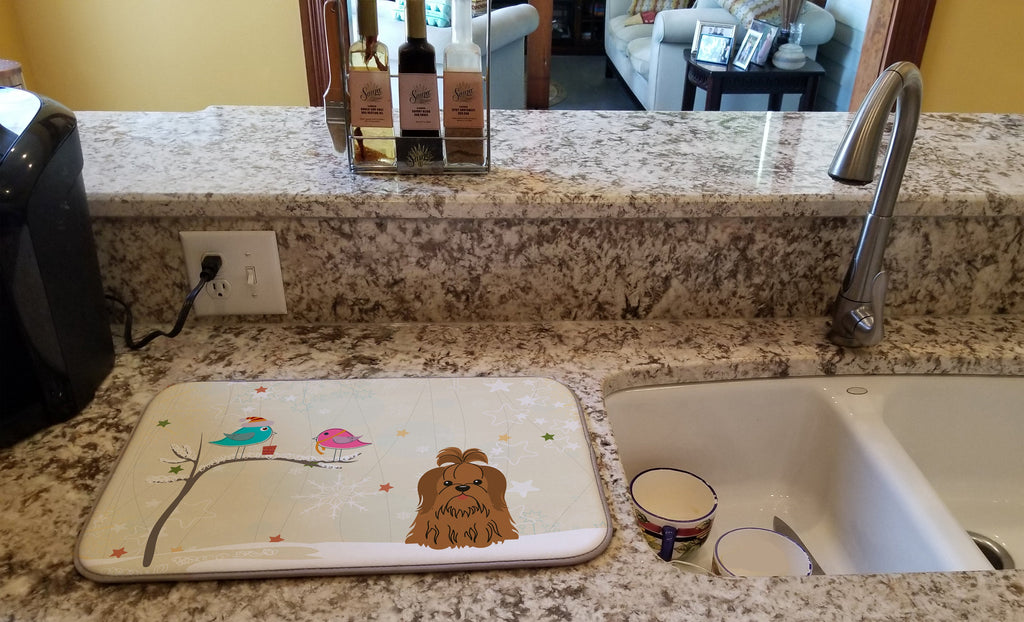 Christmas Presents between Friends Shih Tzu - Chocolate Dish Drying Mat Absorbent Dish Drying Mat Pad for Kitchen Counter Dish Drainer Mat for Countertop, 14 x 21", Multicolor