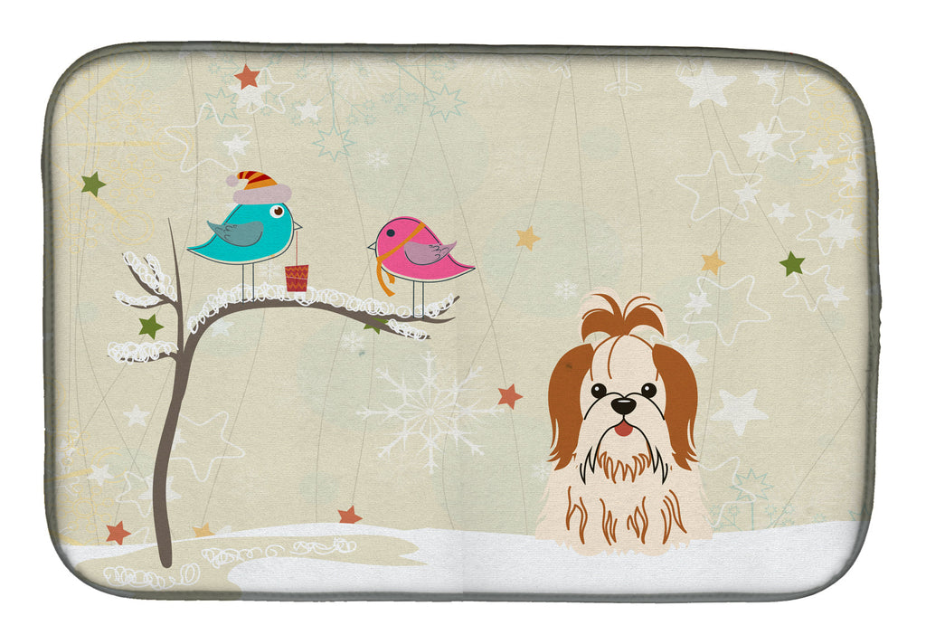 Christmas Presents between Friends Shih Tzu - Red and White Dish Drying Mat Absorbent Dish Drying Mat Pad for Kitchen Counter Dish Drainer Mat for Countertop, 14 x 21", Multicolor