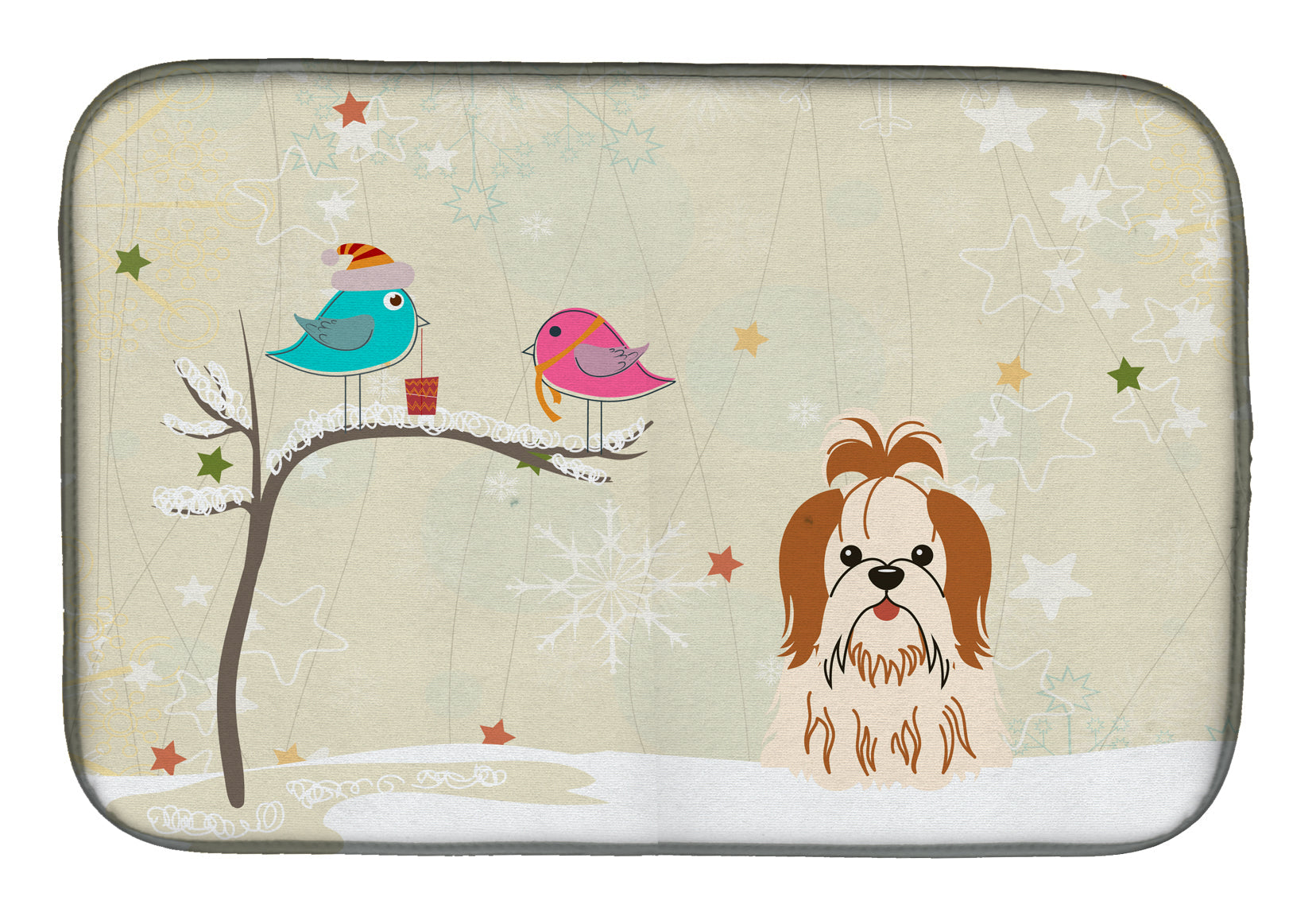Christmas Presents between Friends Shih Tzu - Red and White Dish Drying Mat Absorbent Dish Drying Mat Pad for Kitchen Counter Dish Drainer Mat for Countertop, 14 x 21", Multicolor