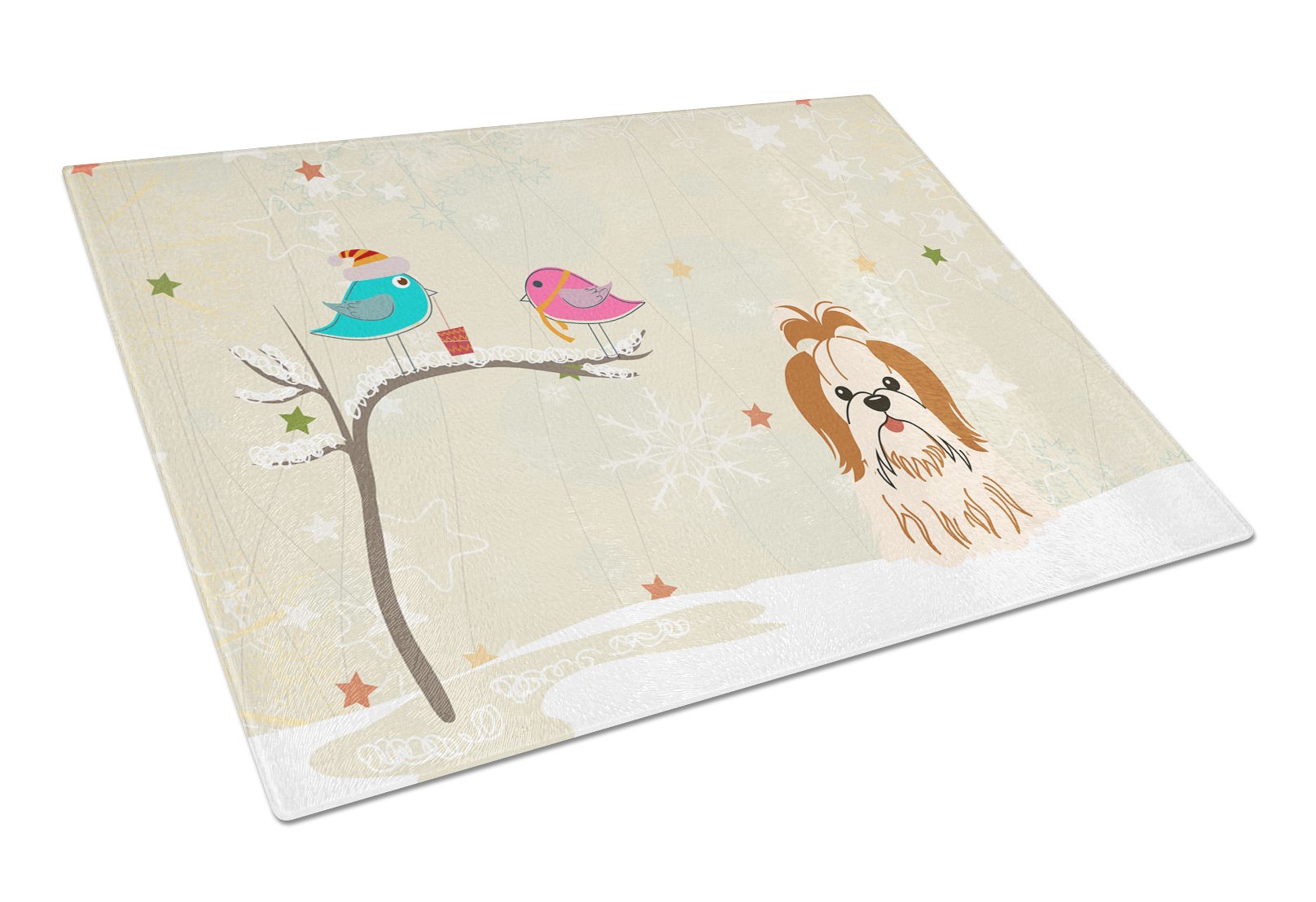 Christmas Presents between Friends Shih Tzu - Red and White Cutting Board Tempered Glass Kitchen Cutting Surface, Heat Resistant Chopping, Non-Slip Feet, Food Prep & Serving