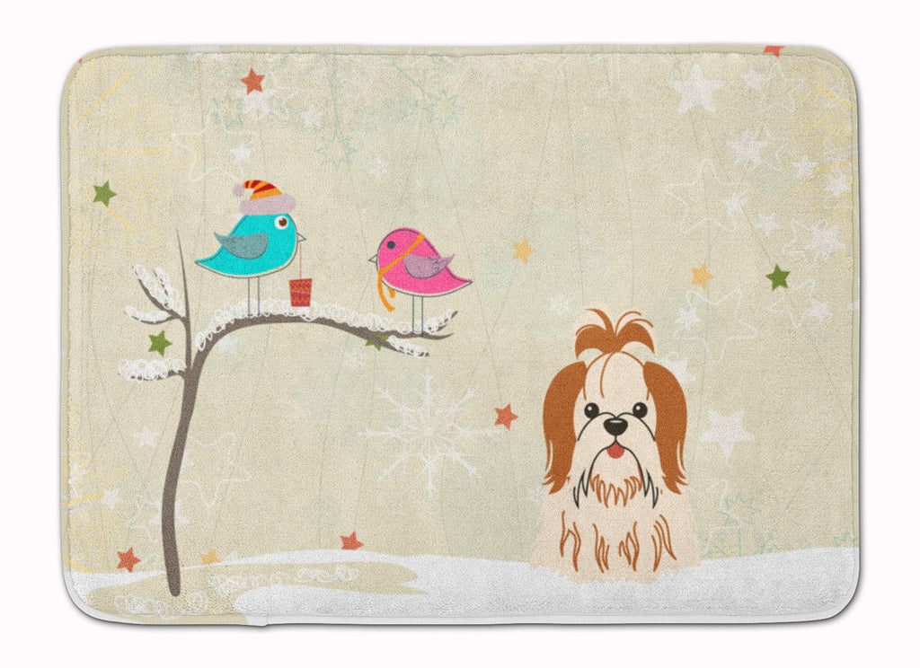 Christmas Presents between Friends Shih Tzu - Red and White Memory Foam Kitchen Mat Machine Washable Anti-Fatigue Cushion Comfort Bath or Kitchen Rug