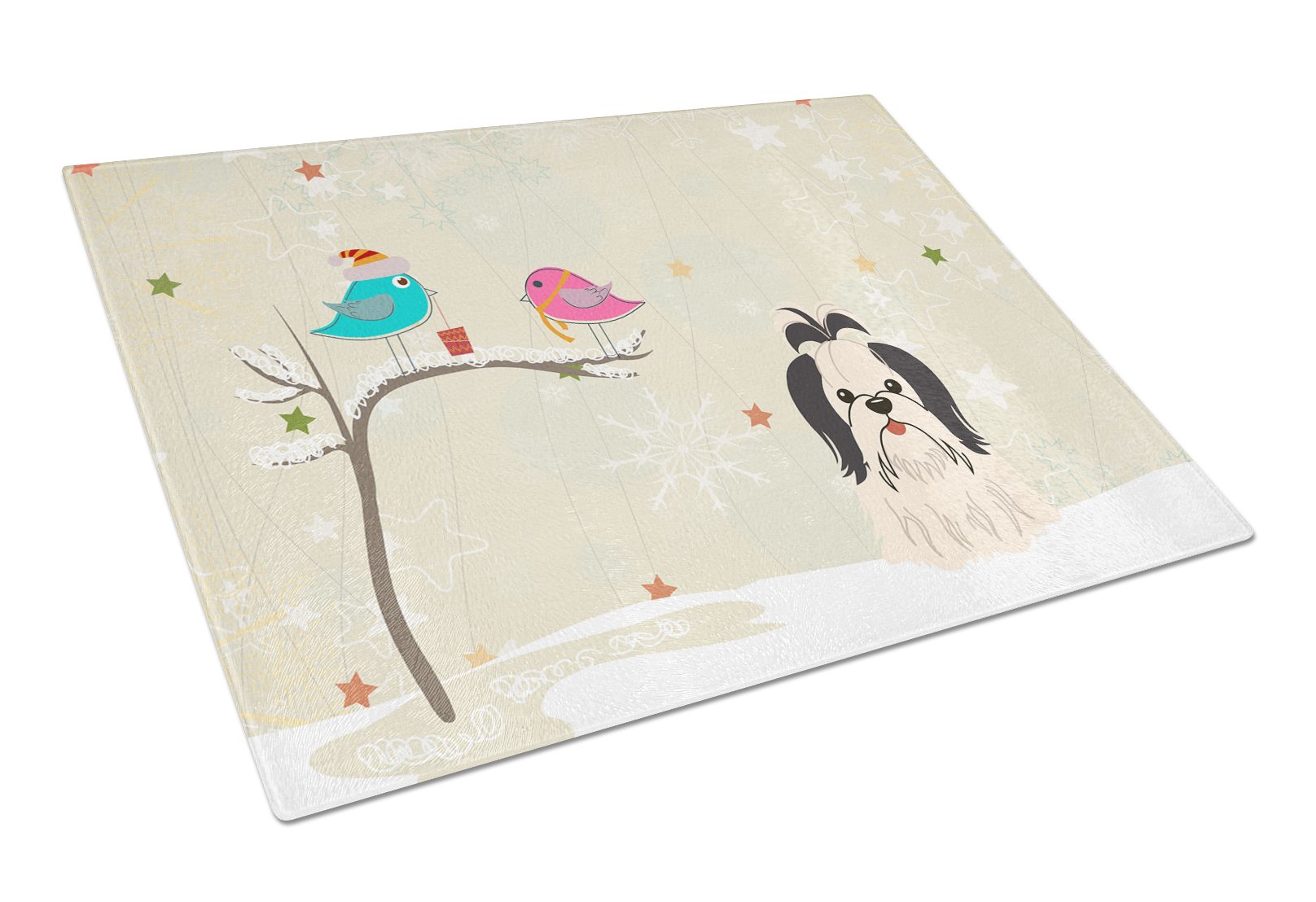 Christmas Presents between Friends Shih Tzu - Black and White Cutting Board Tempered Glass Kitchen Cutting Surface, Heat Resistant Chopping, Non-Slip Feet, Food Prep & Serving