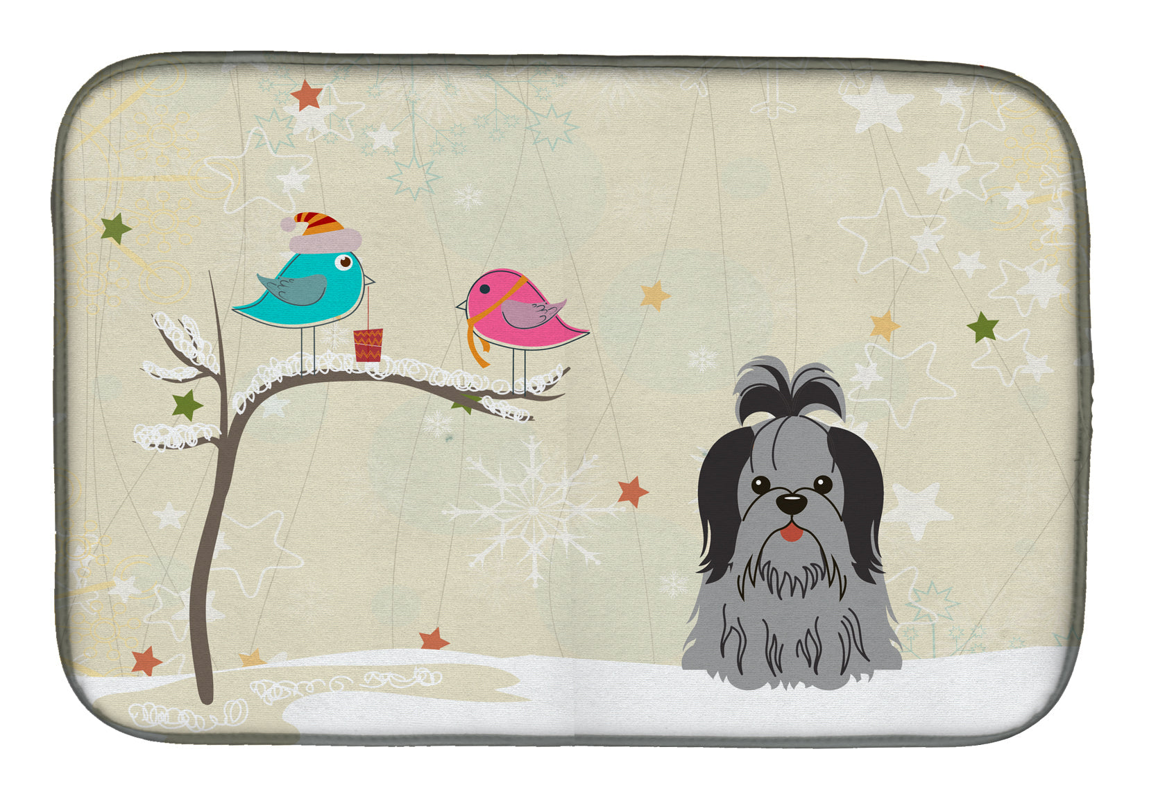 Christmas Presents between Friends Shih Tzu - Black and Silver Dish Drying Mat Absorbent Dish Drying Mat Pad for Kitchen Counter Dish Drainer Mat for Countertop, 14 x 21", Multicolor