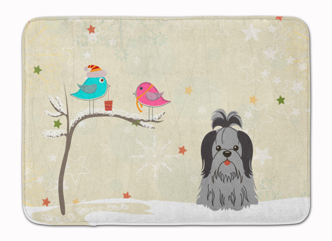Christmas Presents between Friends Shih Tzu - Black and Silver Memory Foam Kitchen Mat Machine Washable Anti-Fatigue Cushion Comfort Bath or Kitchen Rug