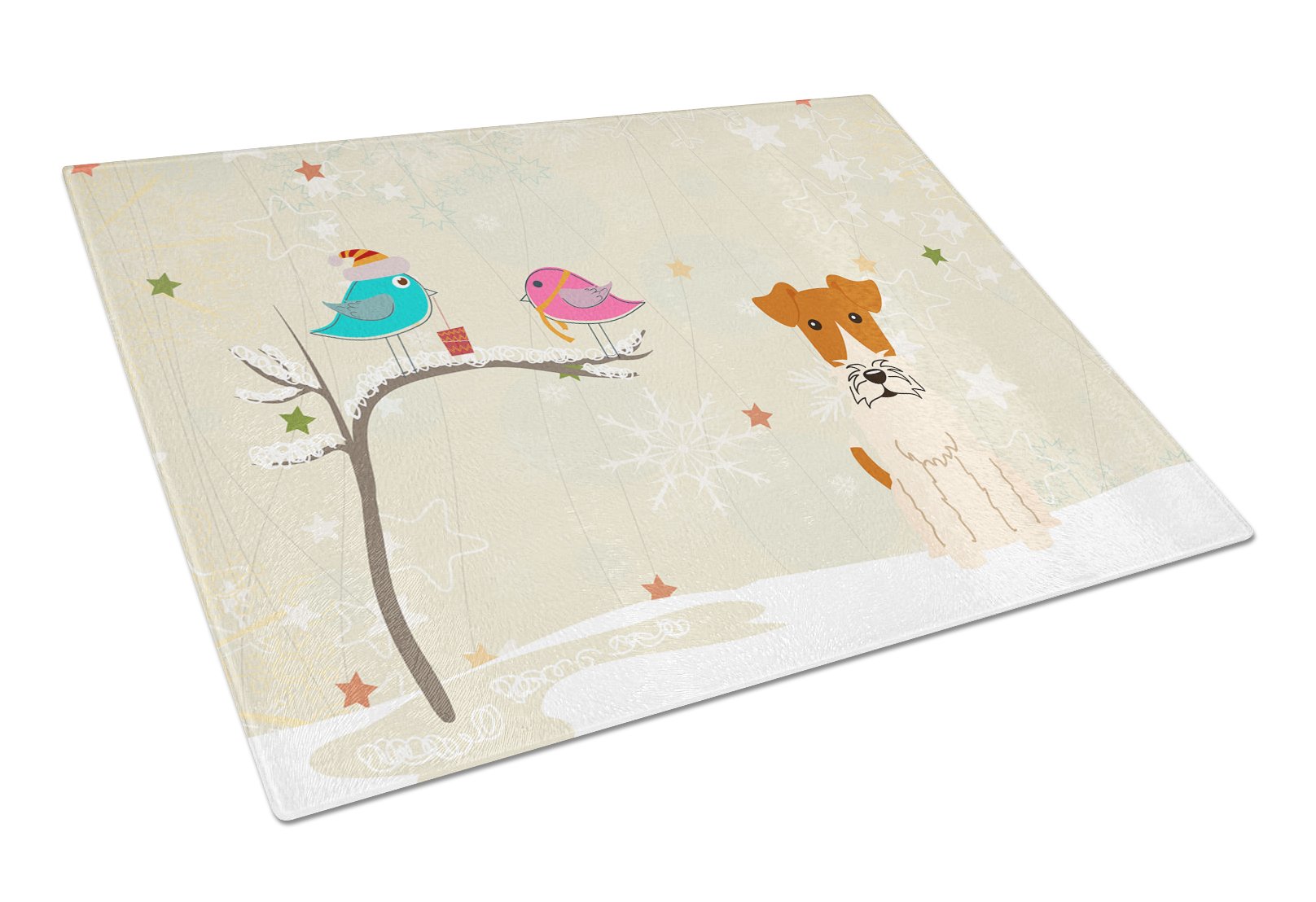Christmas Presents between Friends Fox Terrier - Wire Cutting Board Tempered Glass Kitchen Cutting Surface, Heat Resistant Chopping, Non-Slip Feet, Food Prep & Serving