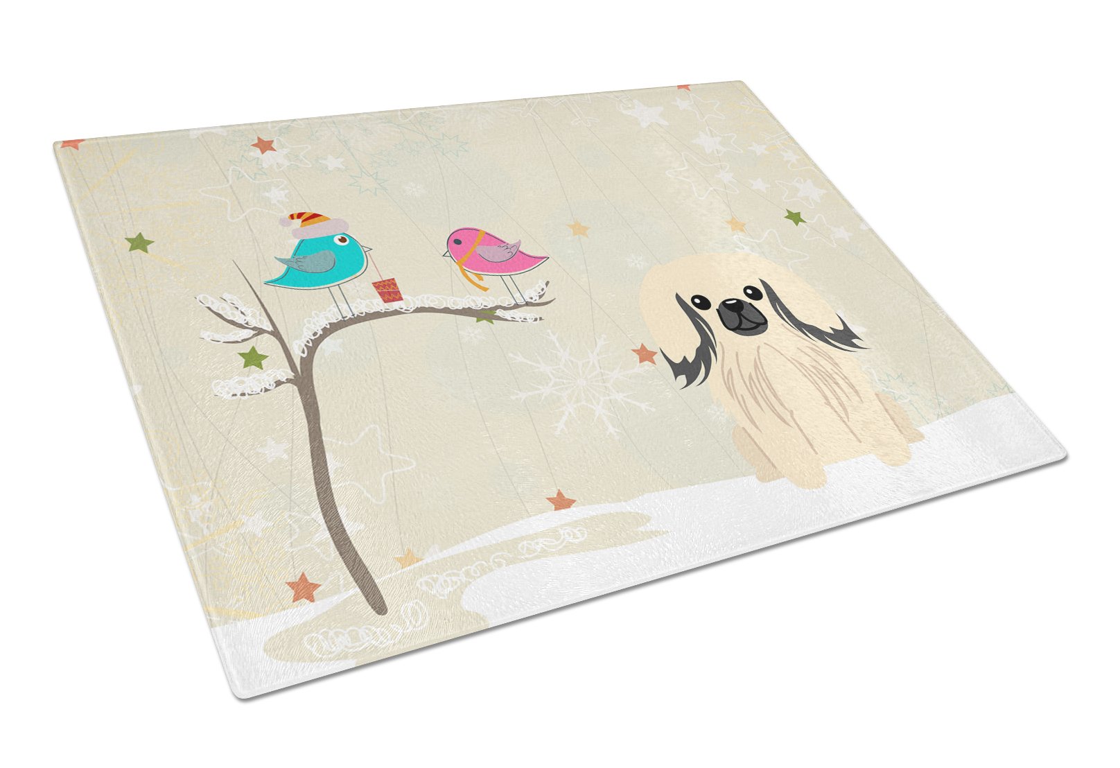 Christmas Presents between Friends Pekingese - Cream Cutting Board Tempered Glass Kitchen Cutting Surface, Heat Resistant Chopping, Non-Slip Feet, Food Prep & Serving