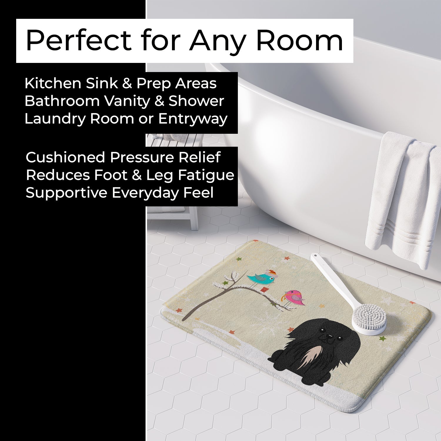 Christmas Presents between Friends Pekingese - Black Memory Foam Kitchen Mat Machine Washable Anti-Fatigue Cushion Comfort Bath or Kitchen Rug