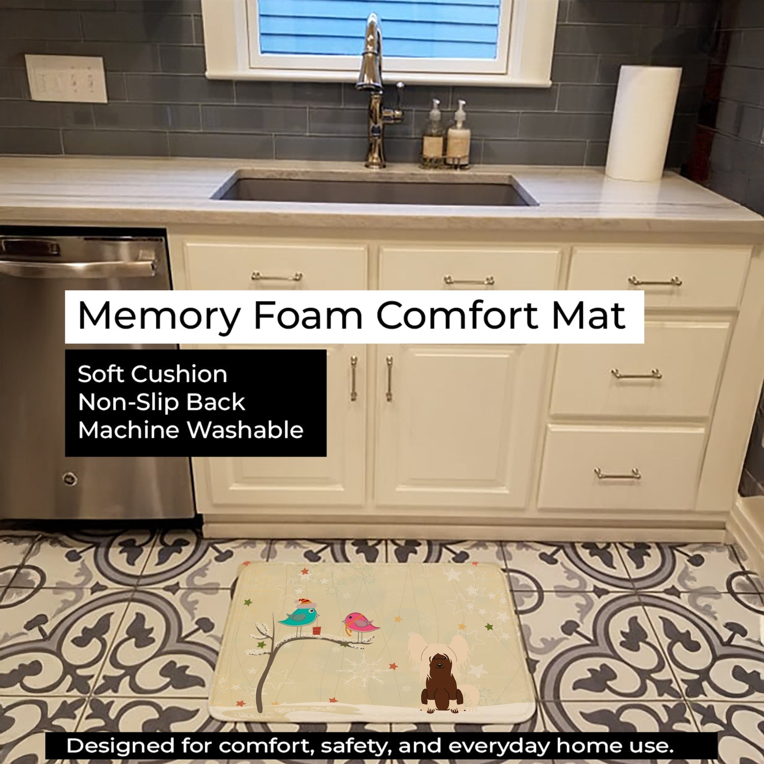 Christmas Presents between Friends Chinese Crested - Cream Memory Foam Kitchen Mat Machine Washable Anti-Fatigue Cushion Comfort Bath or Kitchen Rug