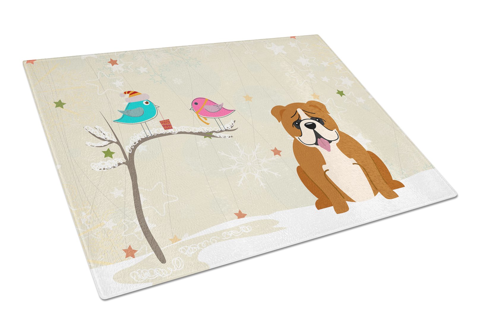 Christmas Presents between Friends English Bulldog - Red and White Cutting Board Tempered Glass Kitchen Cutting Surface, Heat Resistant Chopping, Non-Slip Feet, Food Prep & Serving