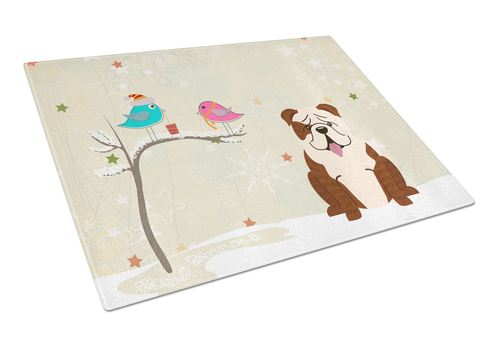 Christmas Presents between Friends English Bulldog Cutting Board Tempered Glass Kitchen Cutting Surface, Heat Resistant Chopping, Non-Slip Feet, Food Prep & Serving