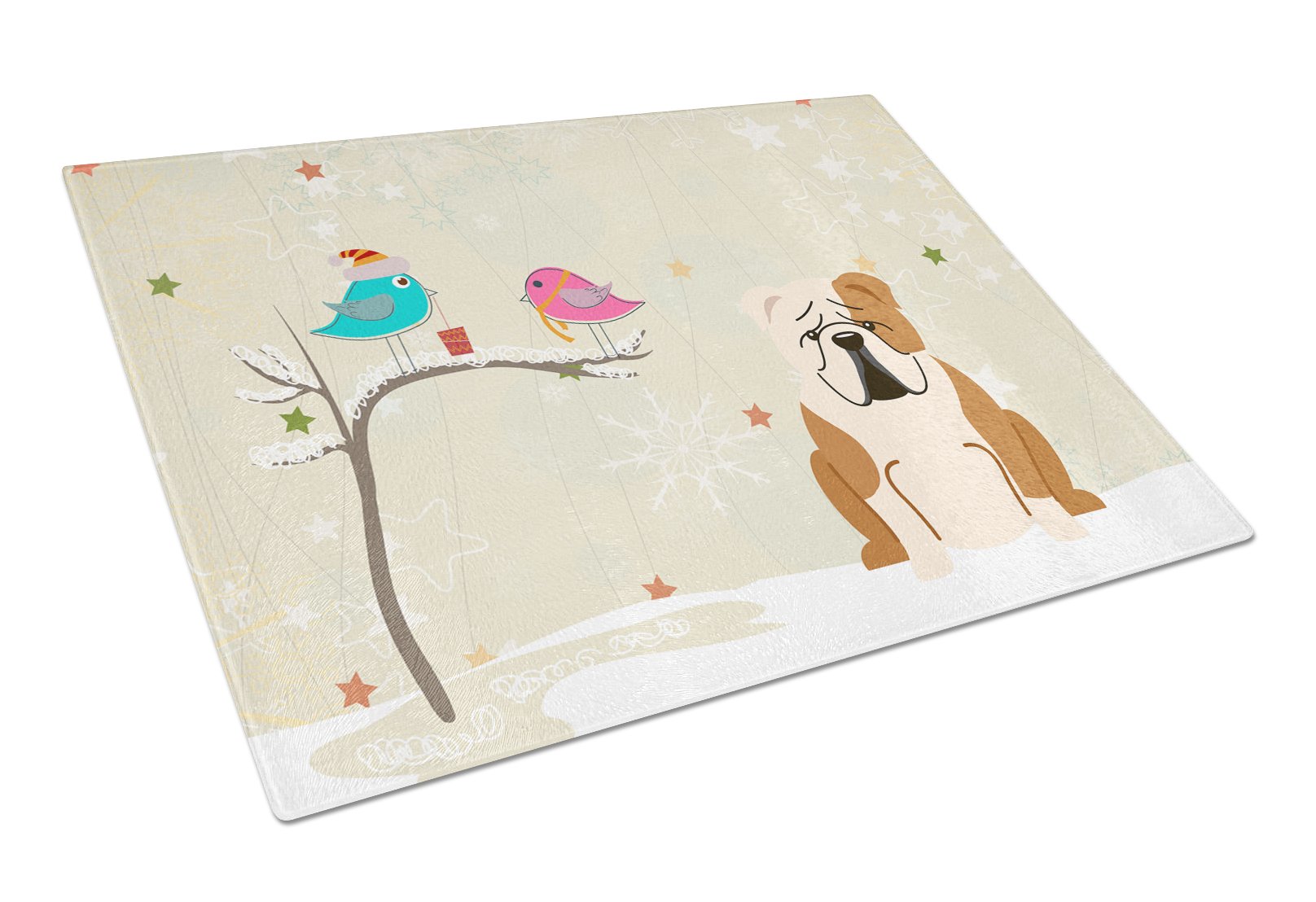 Christmas Presents between Friends English Bulldog - Fawn and White Cutting Board Tempered Glass Kitchen Cutting Surface, Heat Resistant Chopping, Non-Slip Feet, Food Prep & Serving
