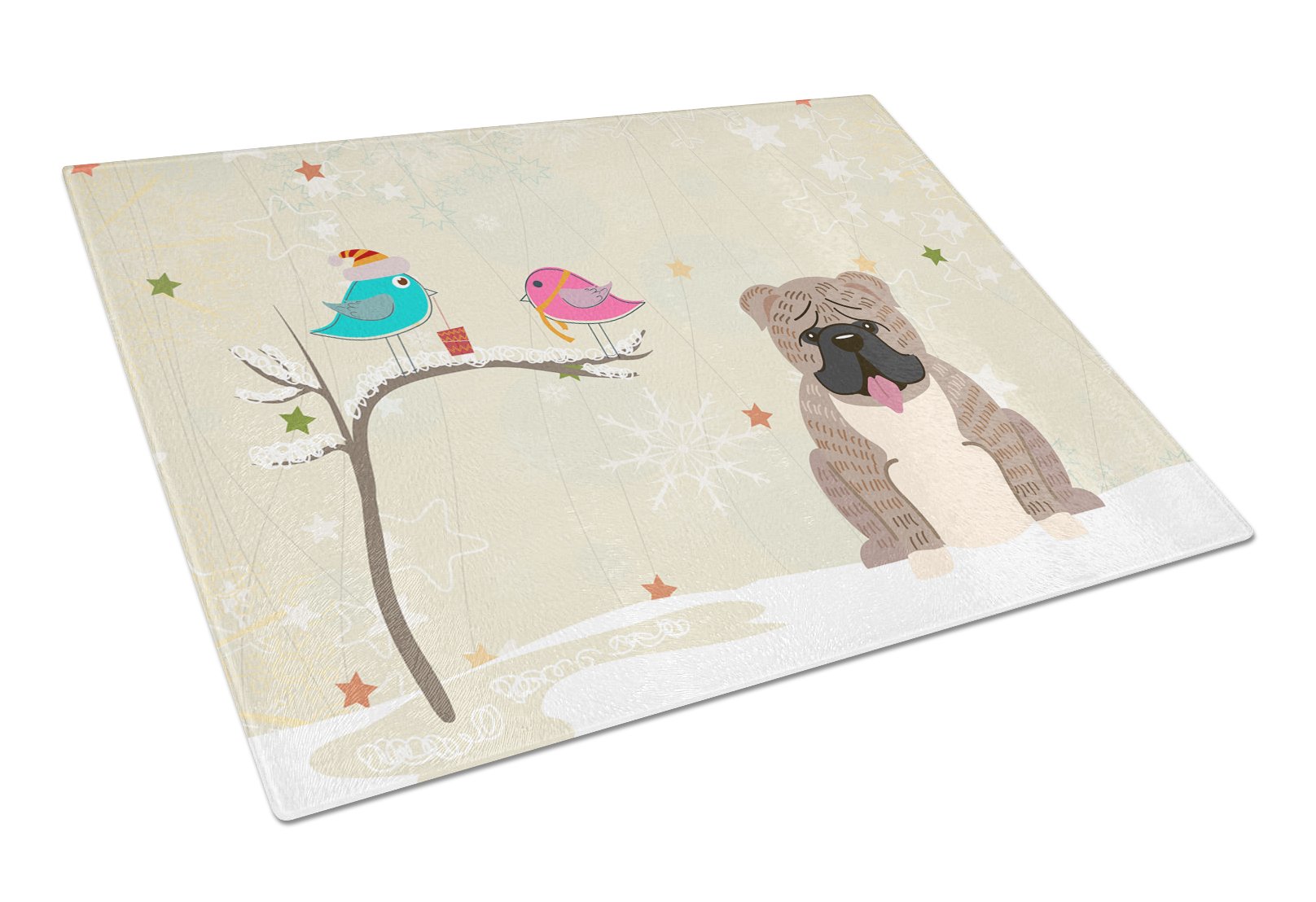 Christmas Presents between Friends English Bulldog - Grey Brindle Cutting Board Tempered Glass Kitchen Cutting Surface, Heat Resistant Chopping, Non-Slip Feet, Food Prep & Serving