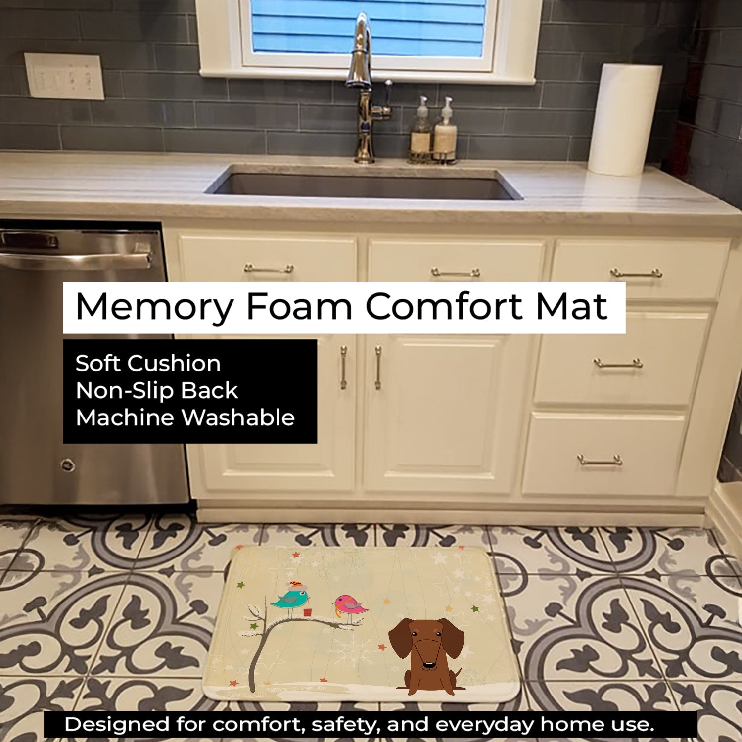Christmas Presents between Friends Dachshund - Red Memory Foam Kitchen Mat Machine Washable Anti-Fatigue Cushion Comfort Bath or Kitchen Rug