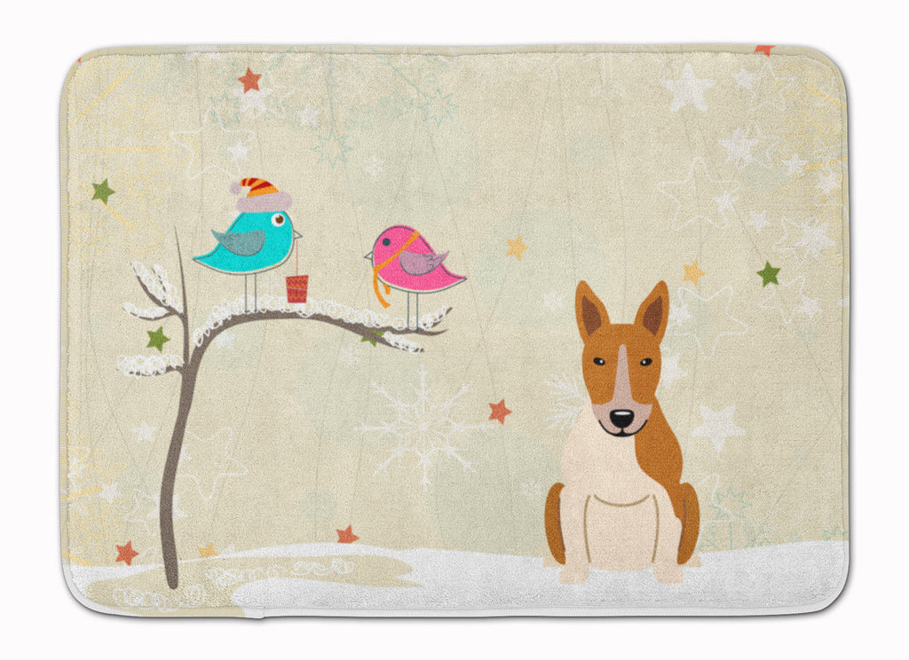 Christmas Presents between Friends Bull Terrier - Red and White Memory Foam Kitchen Mat Machine Washable Anti-Fatigue Cushion Comfort Bath or Kitchen Rug