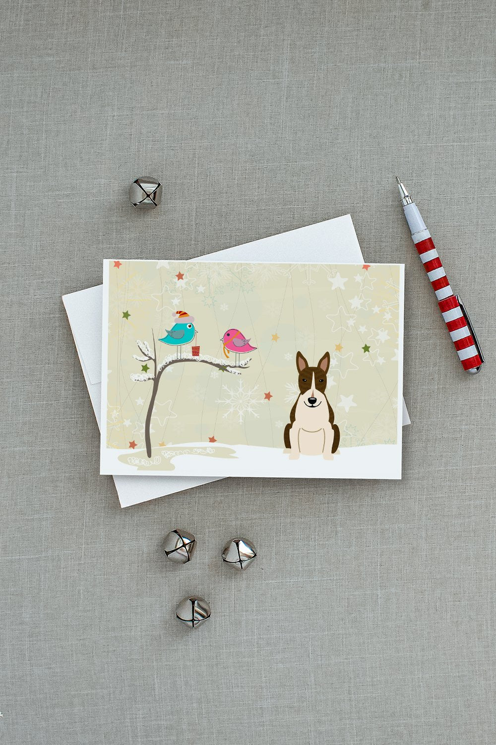 Christmas Presents between Friends Bull Terrier - Dark Brindle Greeting Cards Pack of 8 Blank Cards with Envelopes Whimsical A7 Size 5x7