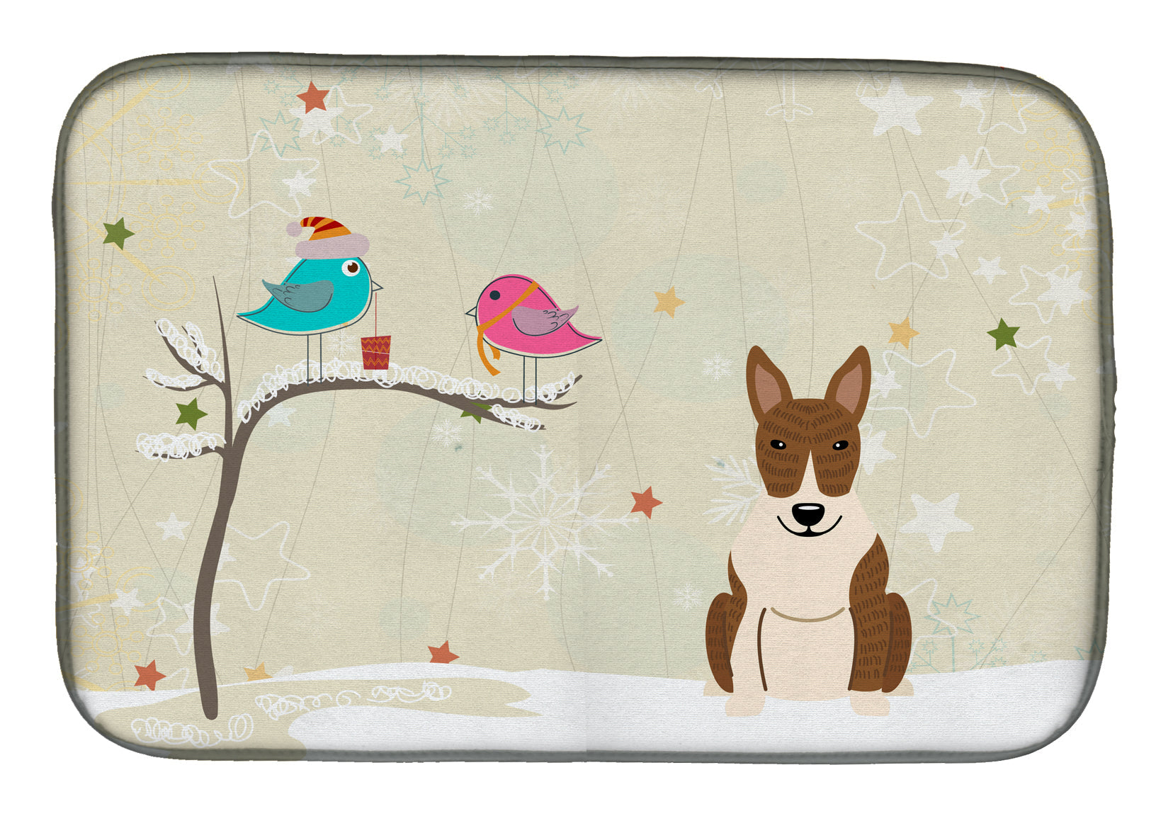 Christmas Presents between Friends Bull Terrier - Brindle Dish Drying Mat Absorbent Dish Drying Mat Pad for Kitchen Counter Dish Drainer Mat for Countertop, 14 x 21", Multicolor