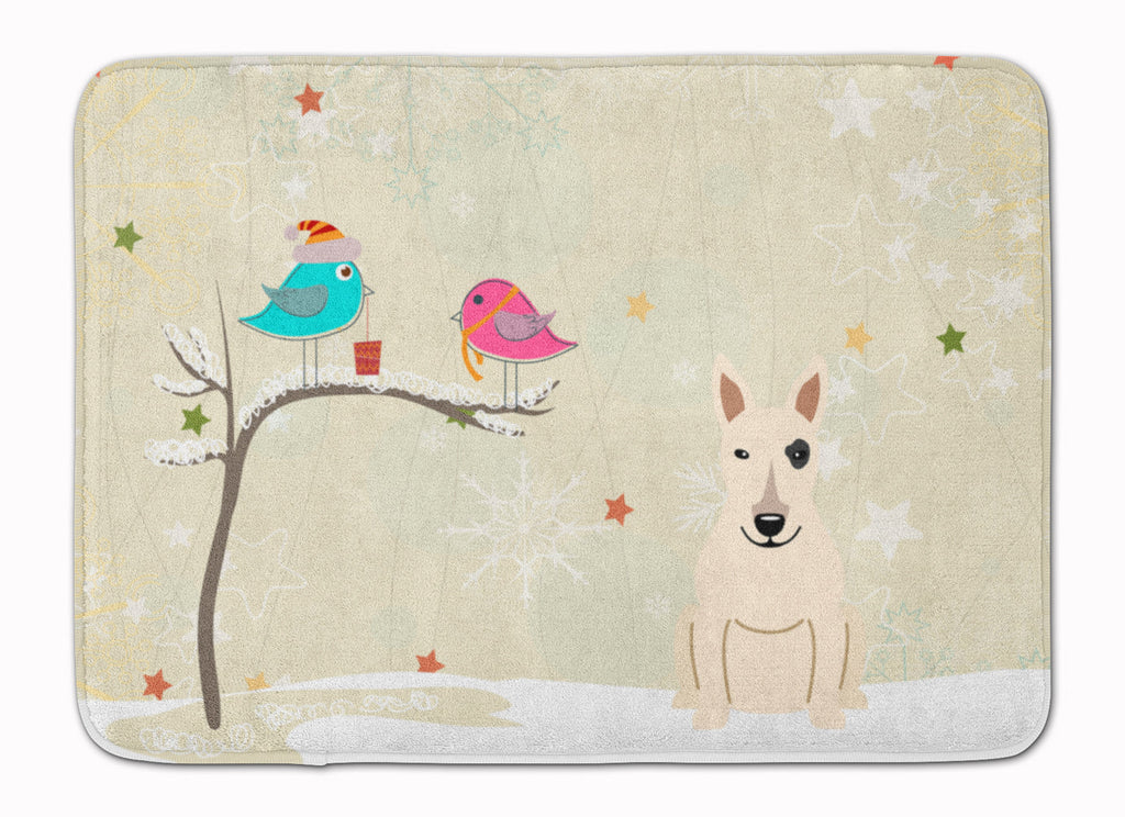 Christmas Presents between Friends Bull Terrier - White Memory Foam Kitchen Mat Machine Washable Anti-Fatigue Cushion Comfort Bath or Kitchen Rug