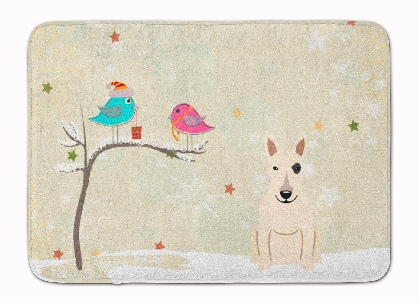 Christmas Presents between Friends Bull Terrier - White Memory Foam Kitchen Mat Machine Washable Anti-Fatigue Cushion Comfort Bath or Kitchen Rug