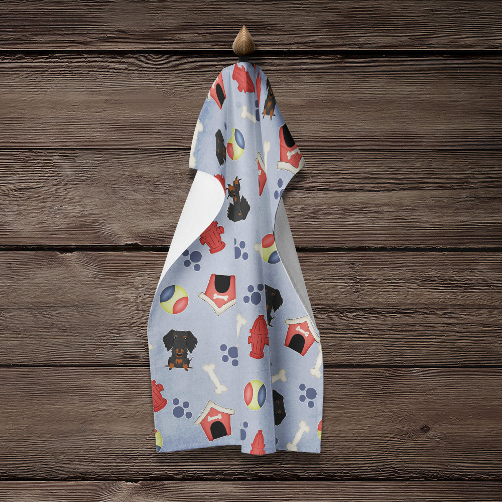 Dog House Collection Wire Haired Dachshund Black Tan Kitchen Towel Velour Plush Front and Cotton Loop Back Machine Washable