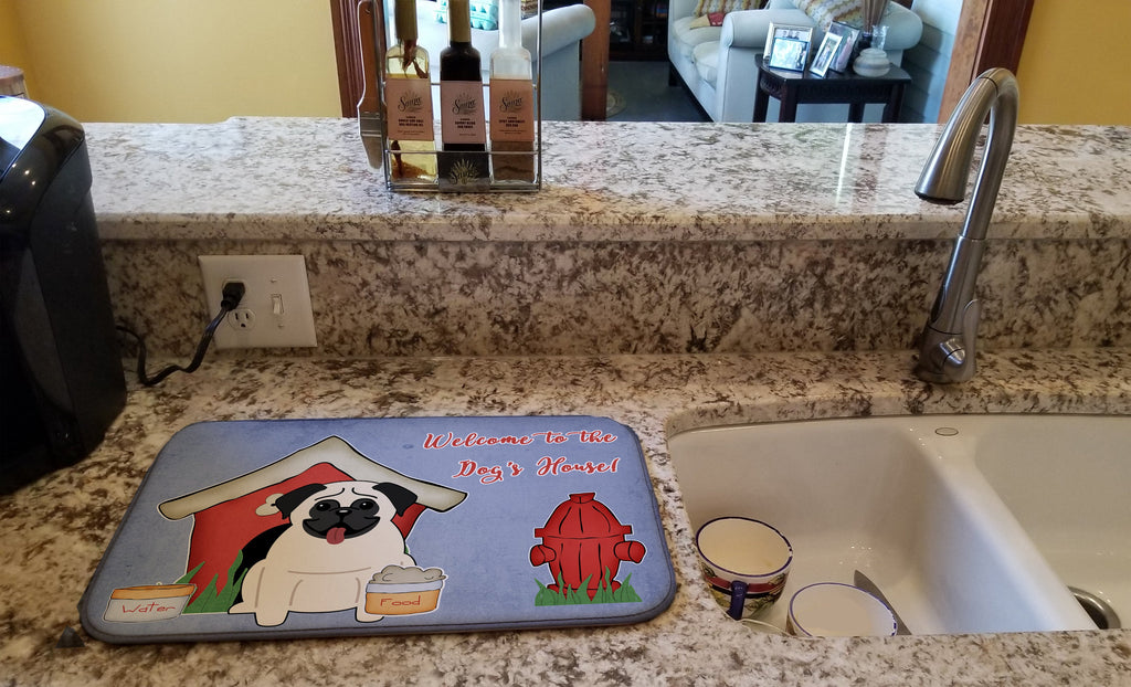 Dog House Collection Pug Cream Dish Drying Mat Absorbent Dish Drying Mat Pad for Kitchen Counter Dish Drainer Mat for Countertop, 14 x 21", Multicolor
