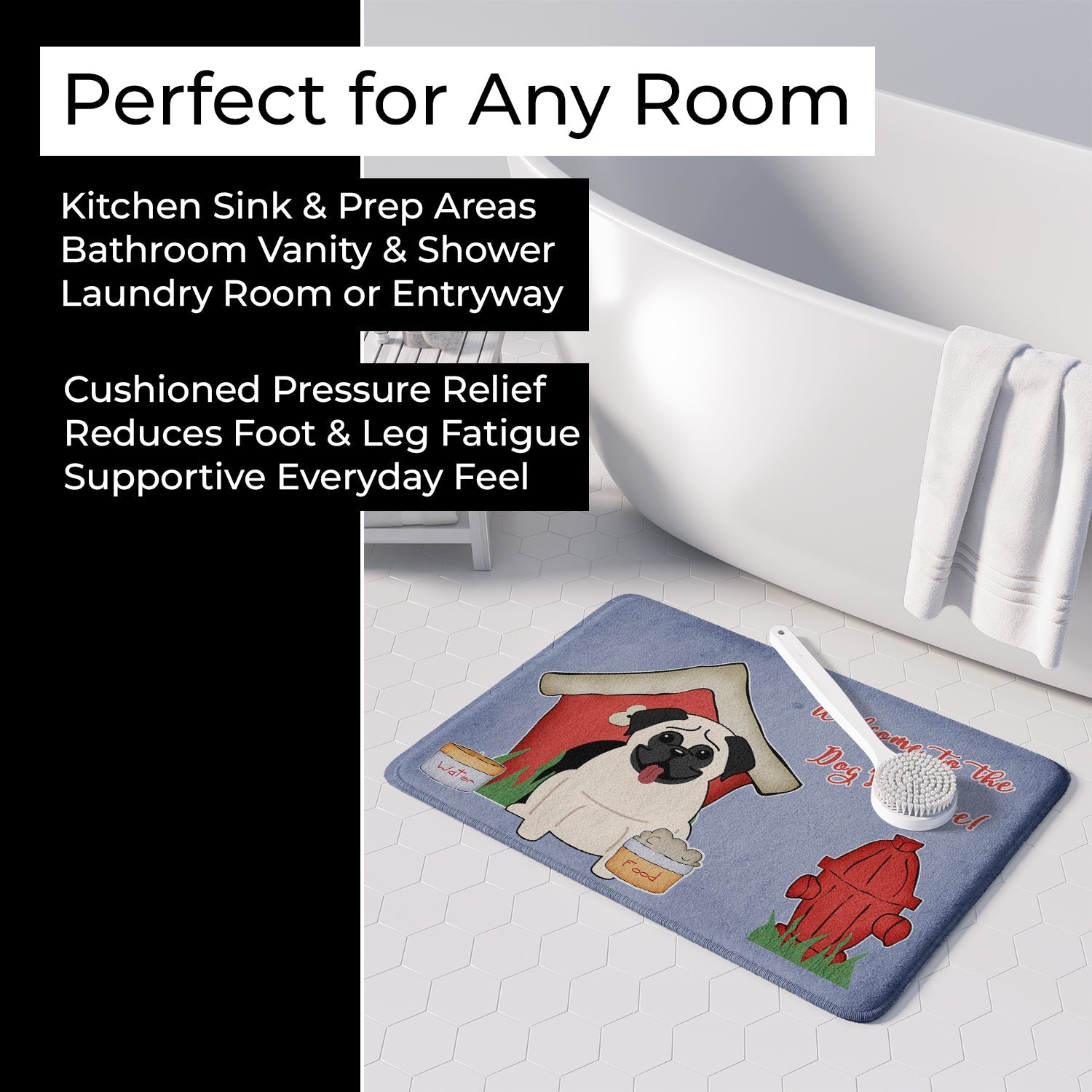 Dog House Collection Pug Cream Memory Foam Kitchen Mat Machine Washable Anti-Fatigue Cushion Comfort Bath or Kitchen Rug