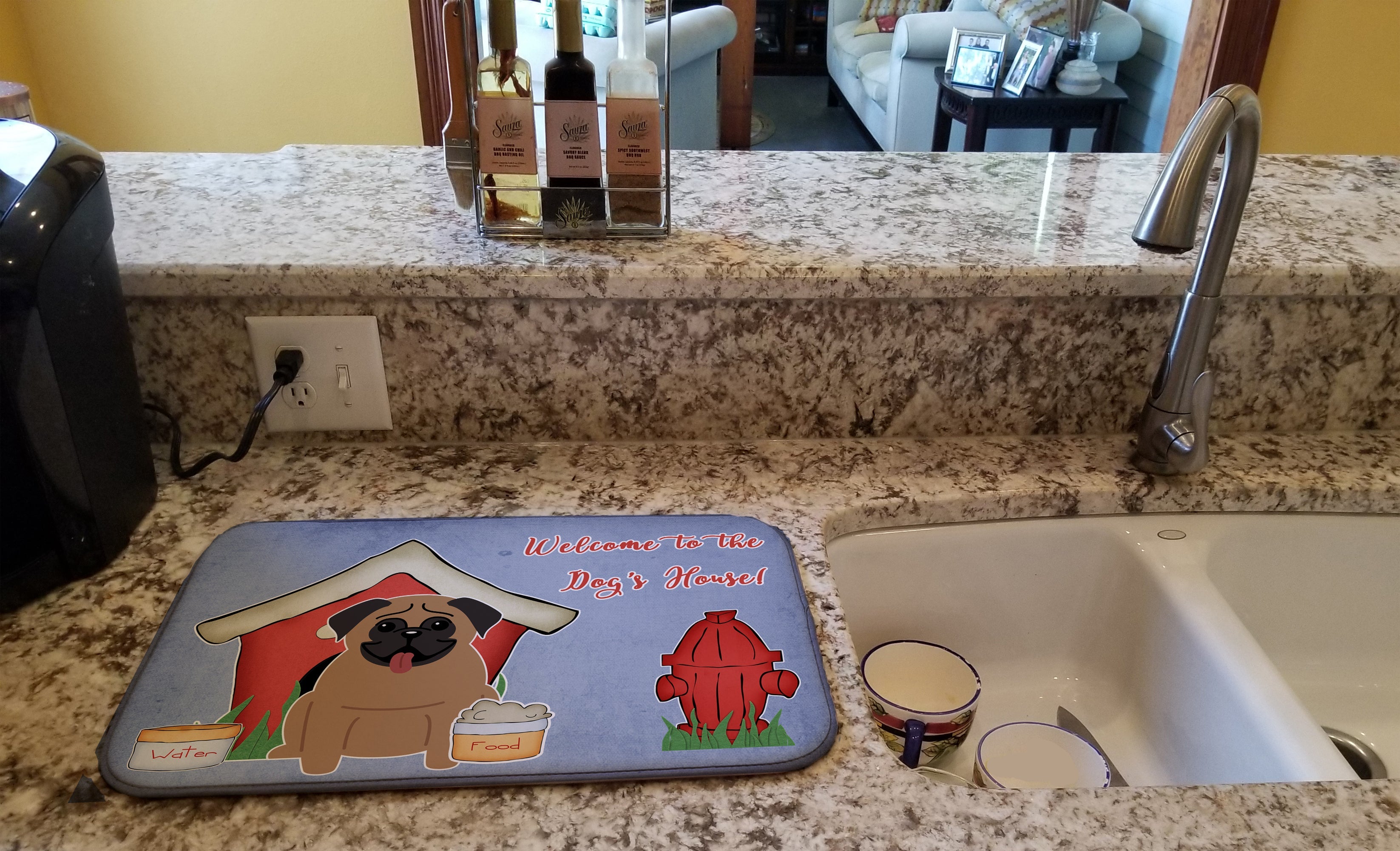 Dog House Collection Pug Brown Dish Drying Mat Absorbent Dish Drying Mat Pad for Kitchen Counter Dish Drainer Mat for Countertop, 14 x 21", Multicolor