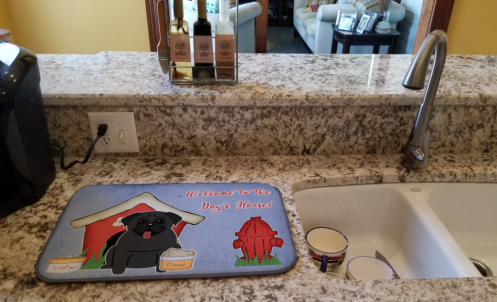 Dog House Collection Pug Black Dish Drying Mat Absorbent Dish Drying Mat Pad for Kitchen Counter Dish Drainer Mat for Countertop, 14 x 21", Multicolor