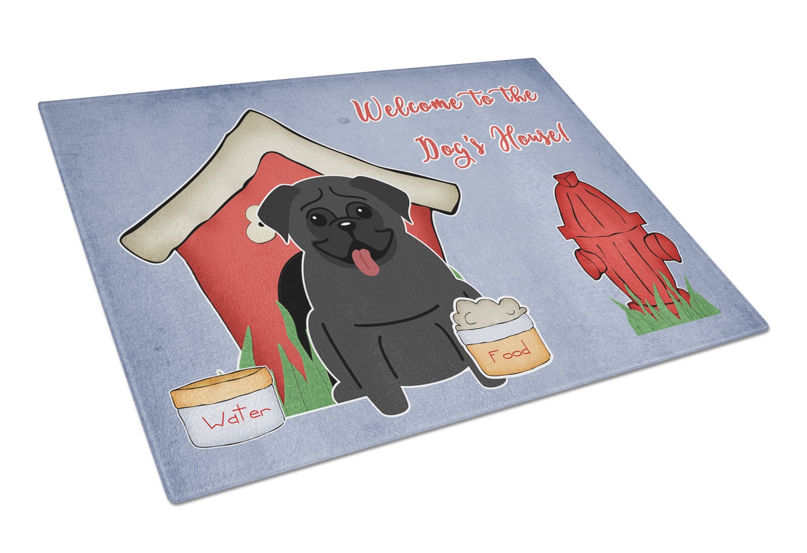 Dog House Collection Pug Black Cutting Board Tempered Glass Kitchen Cutting Surface, Heat Resistant Chopping, Non-Slip Feet, Food Prep & Serving