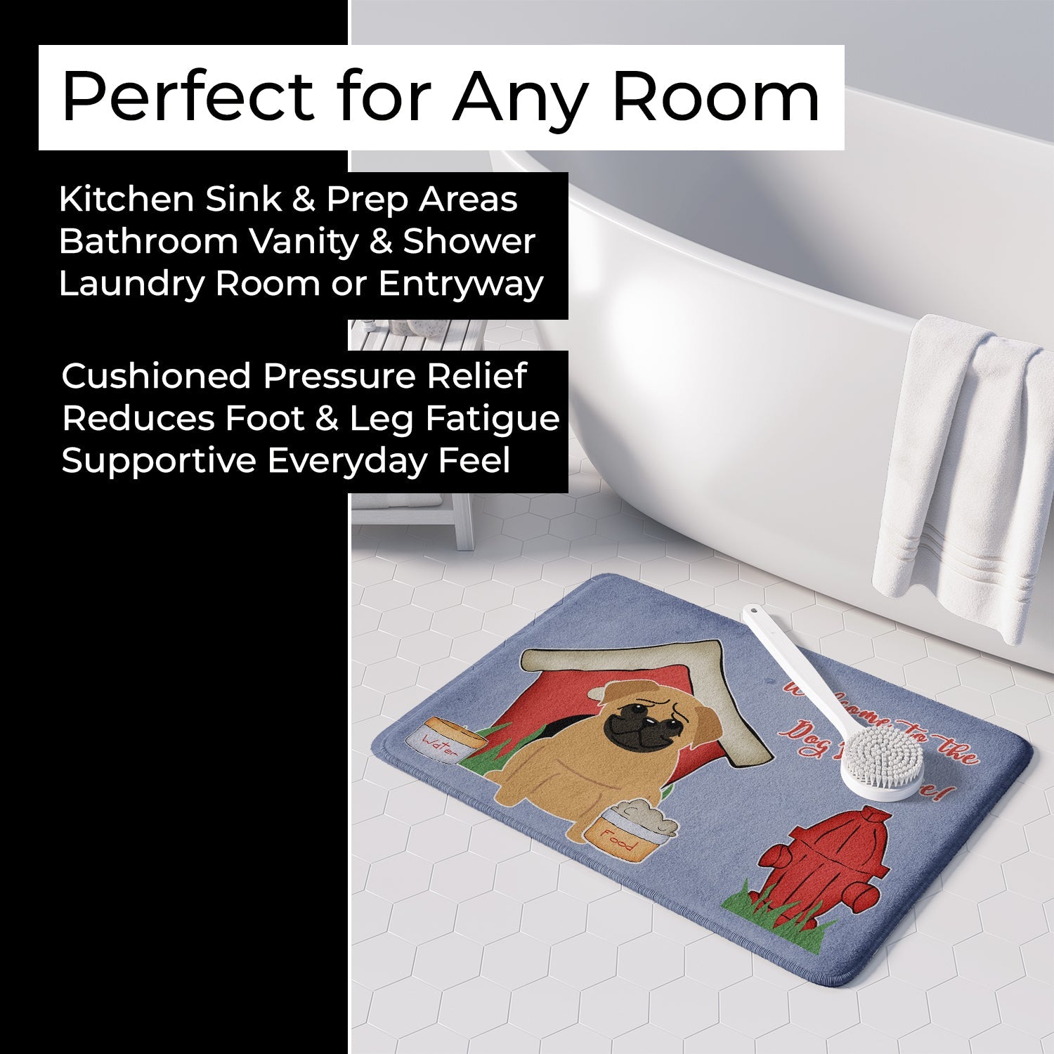 Dog House Collection Pug Brown Memory Foam Kitchen Mat Machine Washable Anti-Fatigue Cushion Comfort Bath or Kitchen Rug