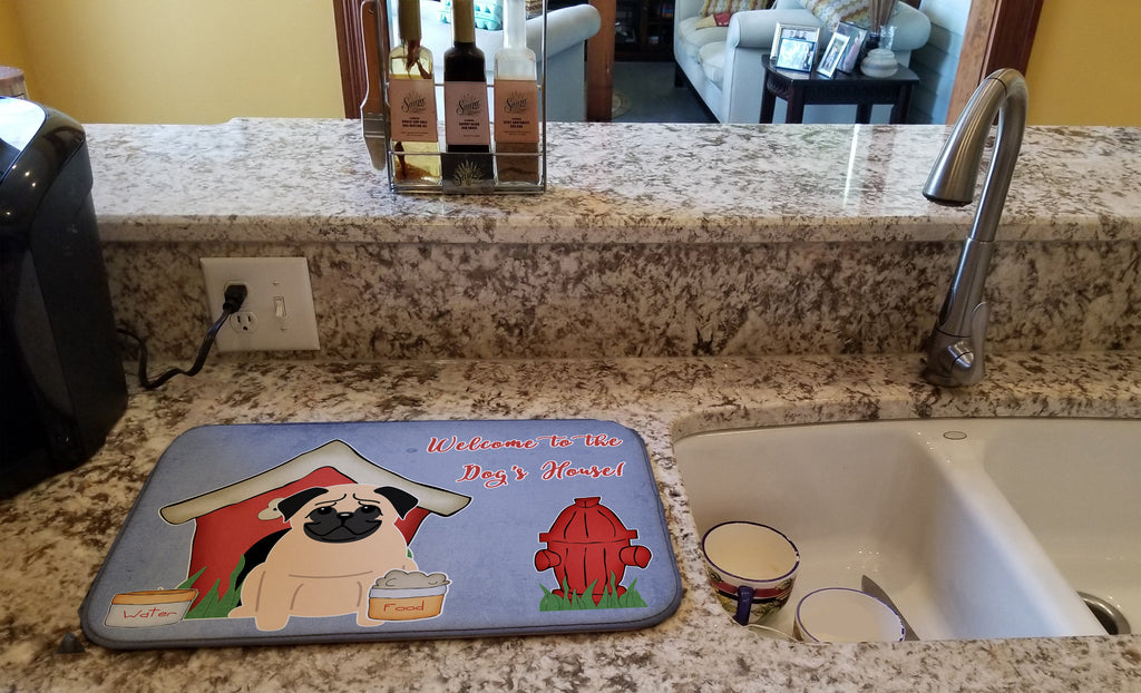 Dog House Collection Pug Fawn Dish Drying Mat Absorbent Dish Drying Mat Pad for Kitchen Counter Dish Drainer Mat for Countertop, 14 x 21", Multicolor