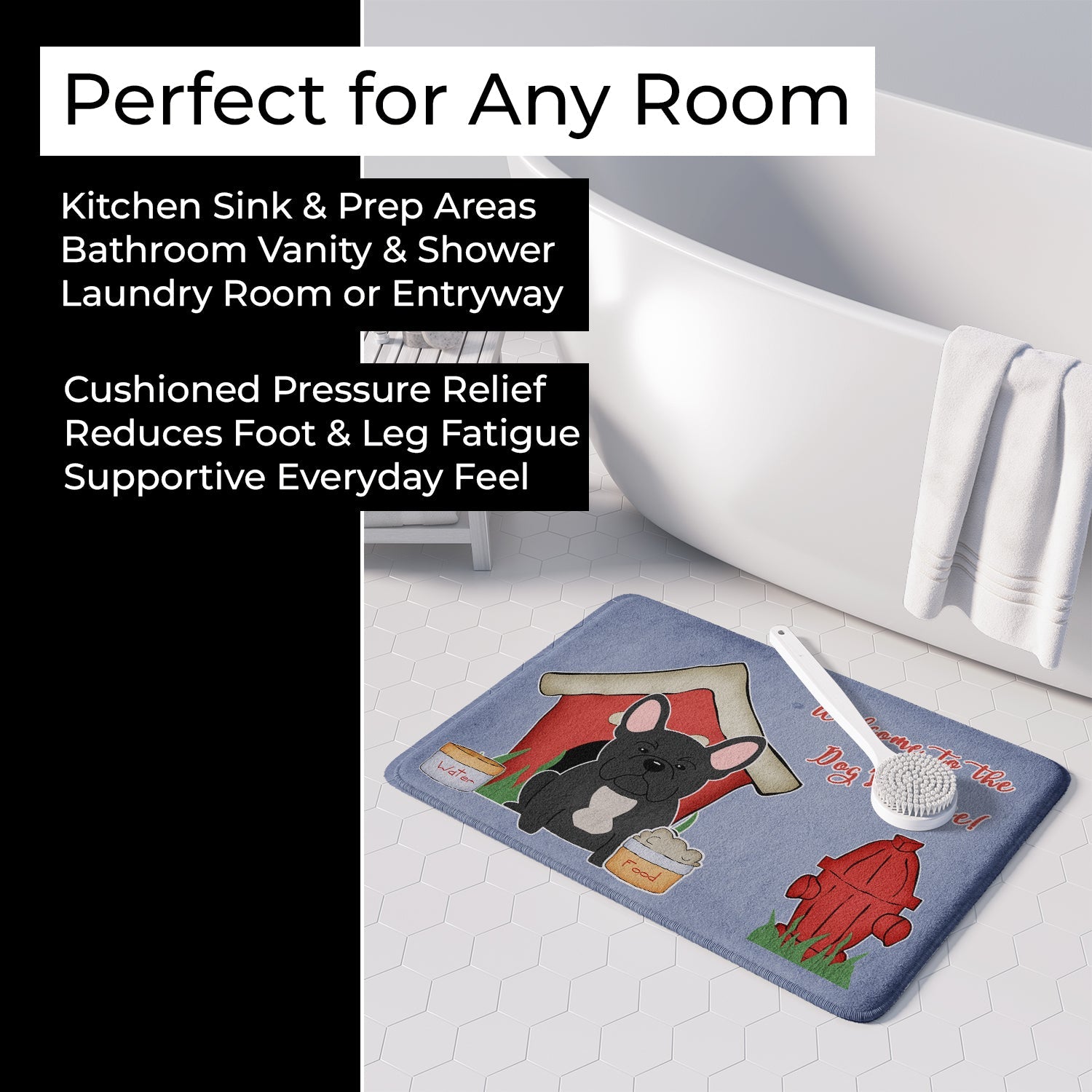 Dog House Collection French Bulldog Black Memory Foam Kitchen Mat Machine Washable Anti-Fatigue Cushion Comfort Bath or Kitchen Rug