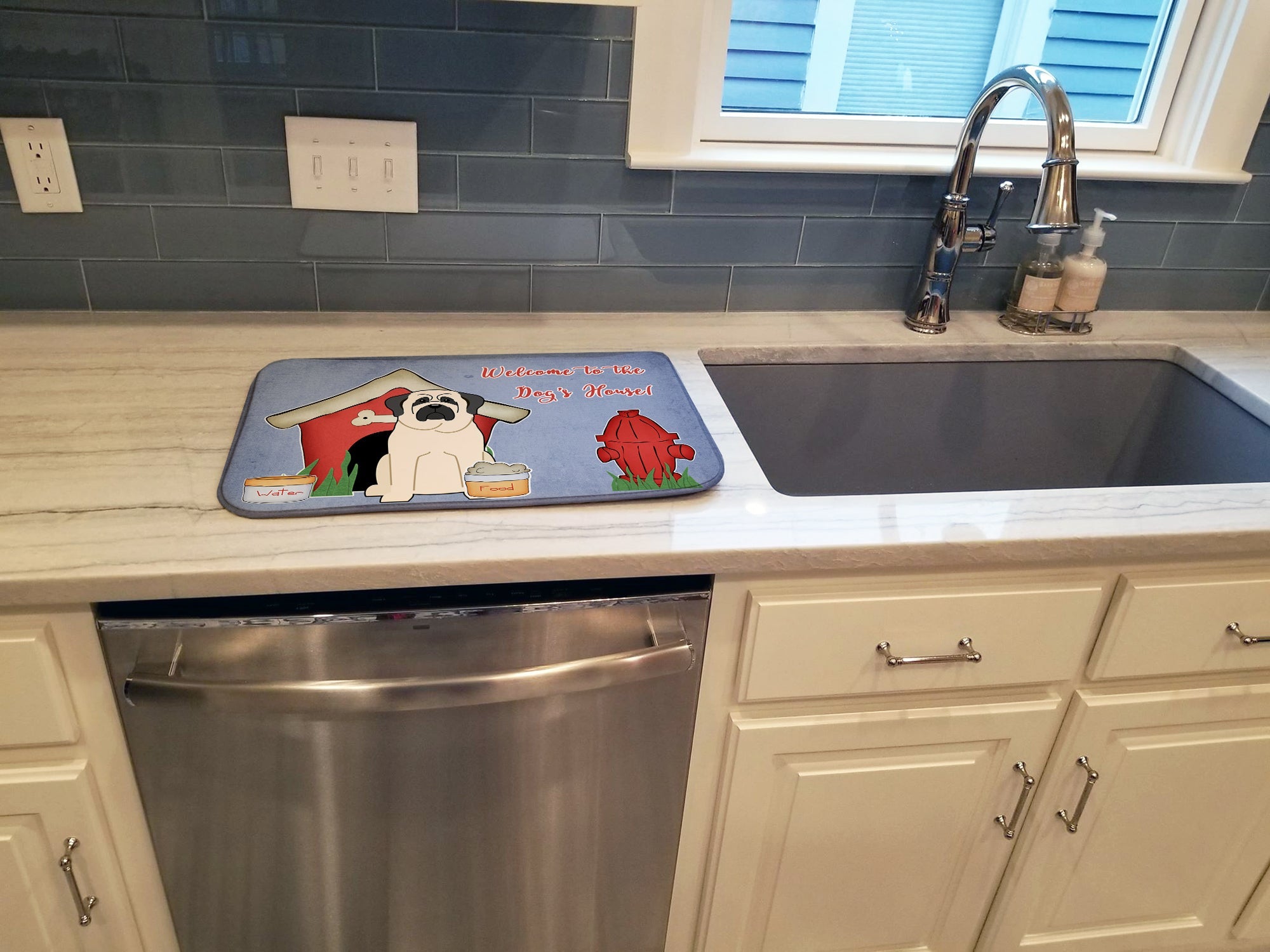 Dog House Collection Mastiff White Dish Drying Mat Absorbent Dish Drying Mat Pad for Kitchen Counter Dish Drainer Mat for Countertop, 14 x 21", Multicolor