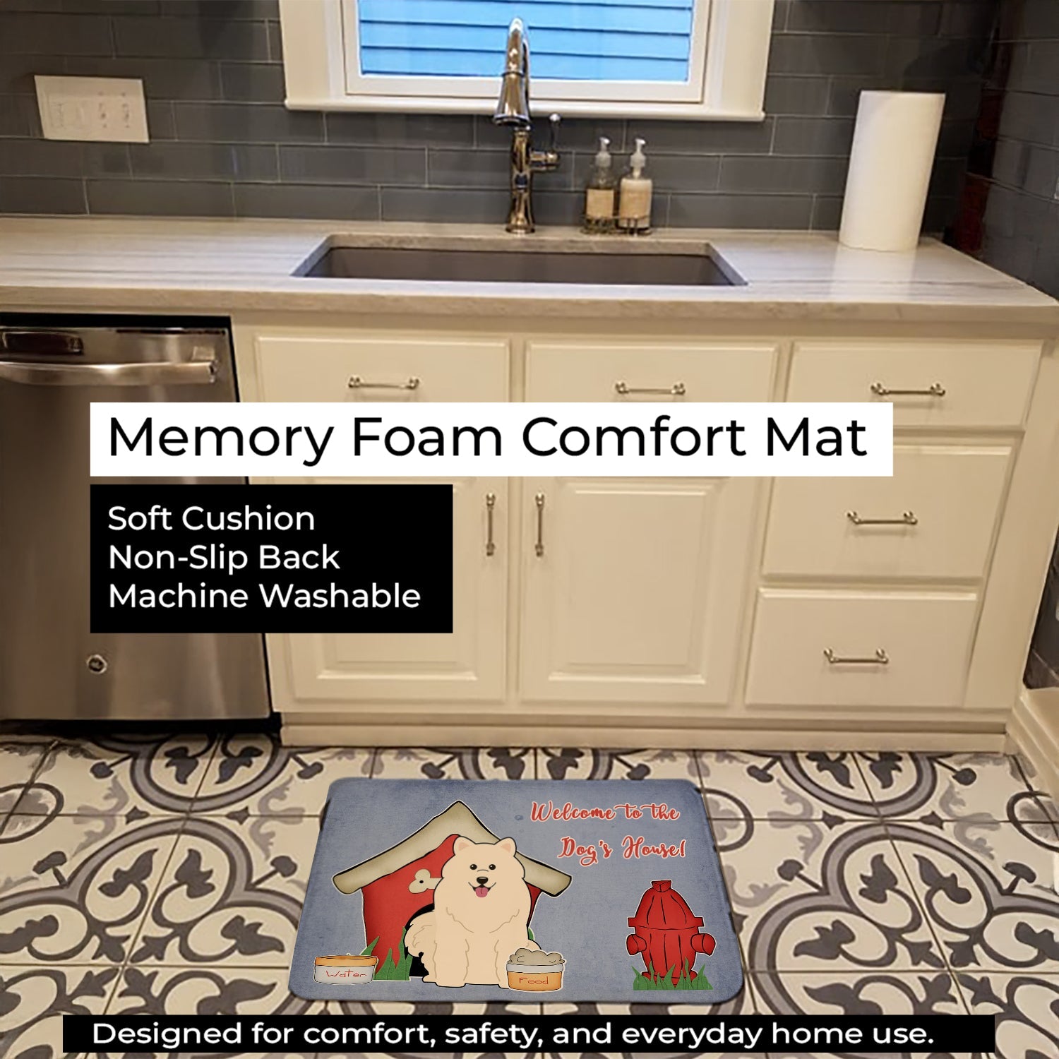 Dog House Collection Samoyed Memory Foam Kitchen Mat Machine Washable Anti-Fatigue Cushion Comfort Bath or Kitchen Rug
