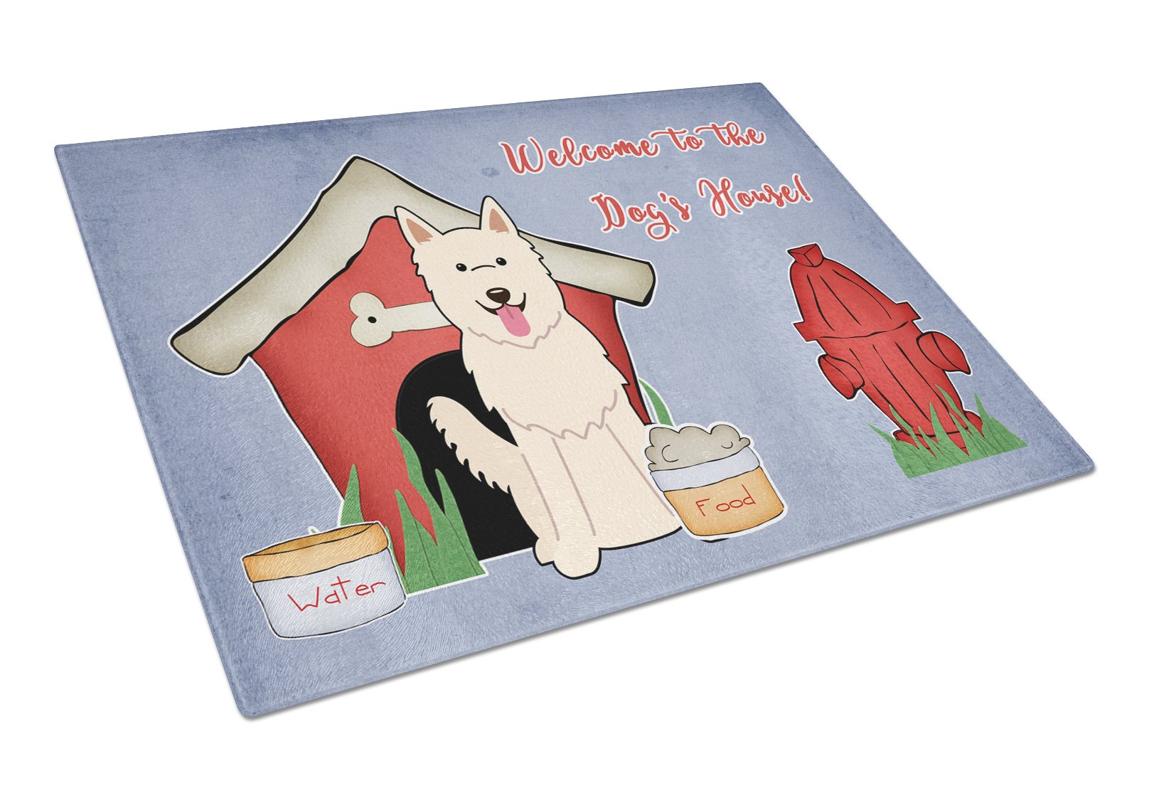 Dog House Collection White German Shepherd Cutting Board Tempered Glass Kitchen Cutting Surface, Heat Resistant Chopping, Non-Slip Feet, Food Prep & Serving