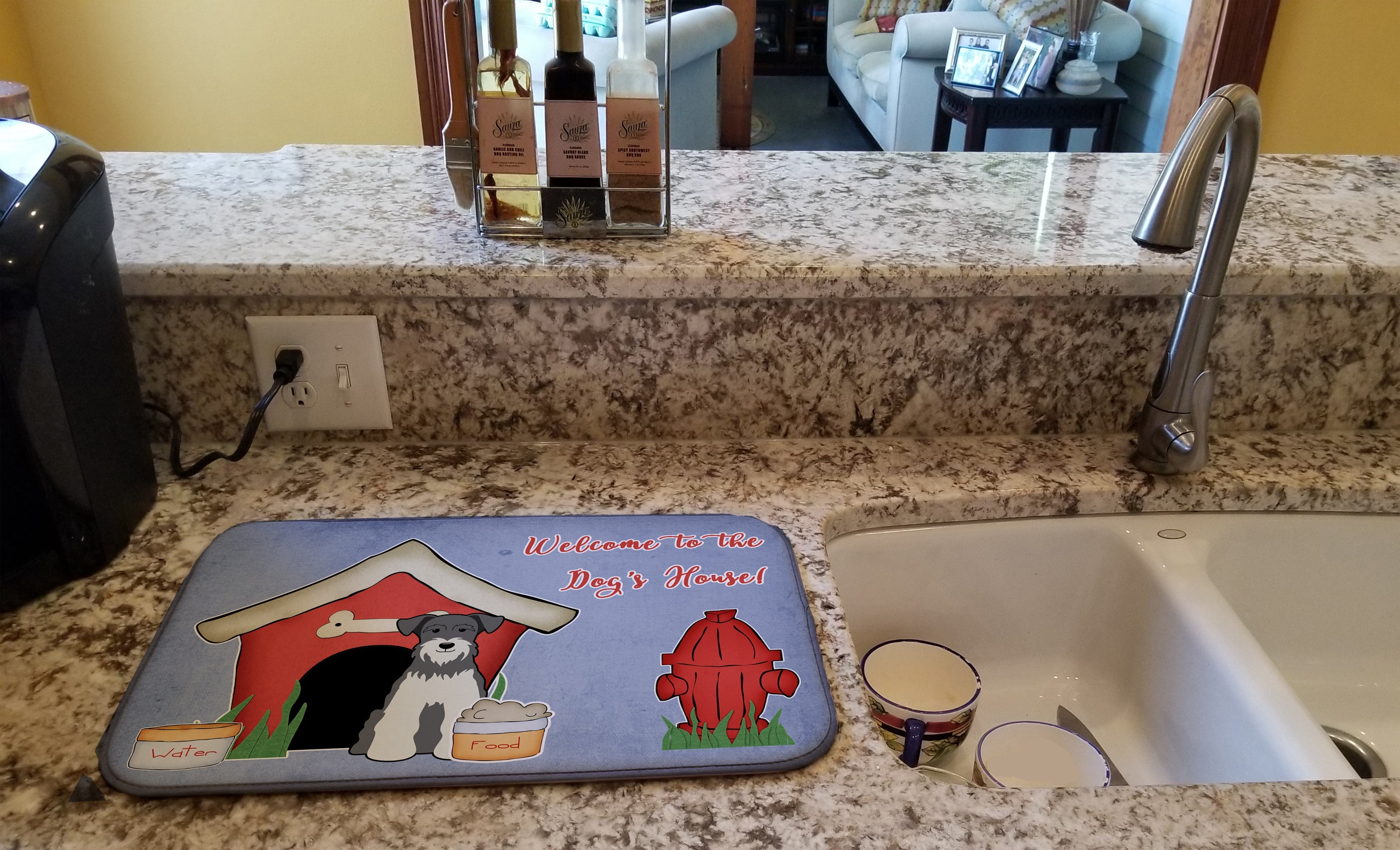 Dog House Collection Miniature Schnauzer Salt and Pepper Dish Drying Mat Absorbent Dish Drying Mat Pad for Kitchen Counter Dish Drainer Mat for Countertop, 14 x 21", Multicolor