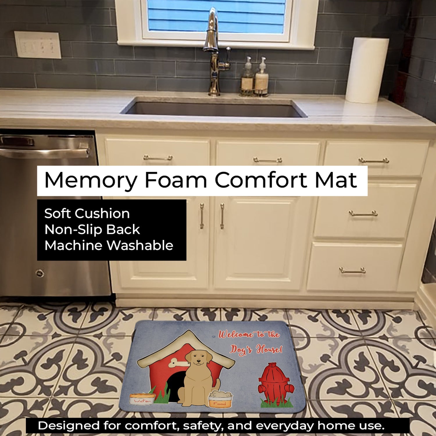 Dog House Collection Yellow Labrador Memory Foam Kitchen Mat Machine Washable Anti-Fatigue Cushion Comfort Bath or Kitchen Rug